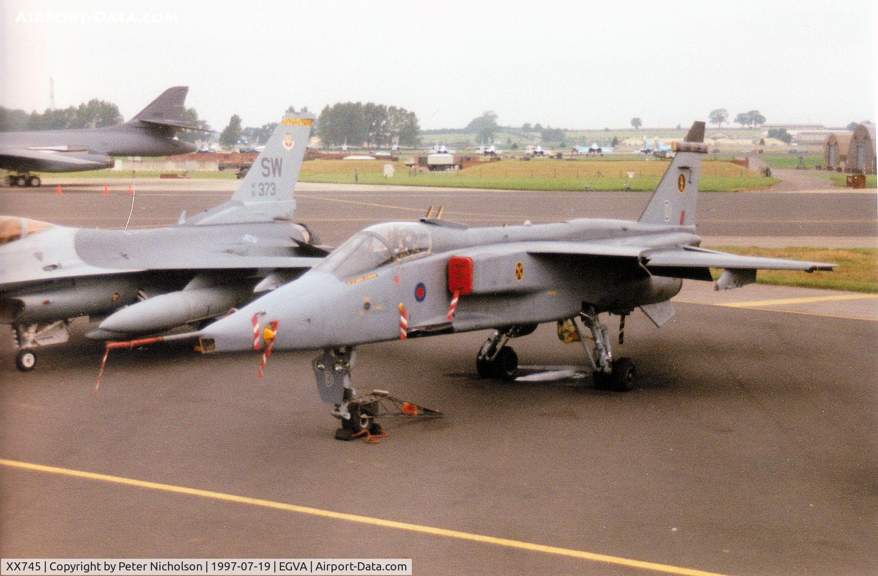 XX745, 1974 Sepecat Jaguar GR.1A C/N S.42, Jaguar GR.1A, callsign LOS 74, of 16[Reserve] Squadron at RAF Lossiemouth on the flight-line at the 1997 Intnl Air Tattoo at RAF Fairford.
