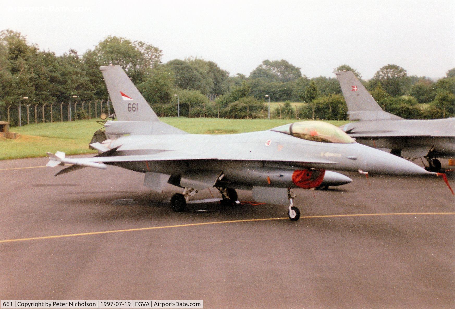 661, 1980 Fokker F-16AM Fighting Falcon C/N 6K-33, F-16A Falcon, callsign Norwegian 5087 Alpha, of 334 Skv Royal Norwegian Air Force on the flight-line at the 1997 Intnl Air Tattoo at RAF Fairford.