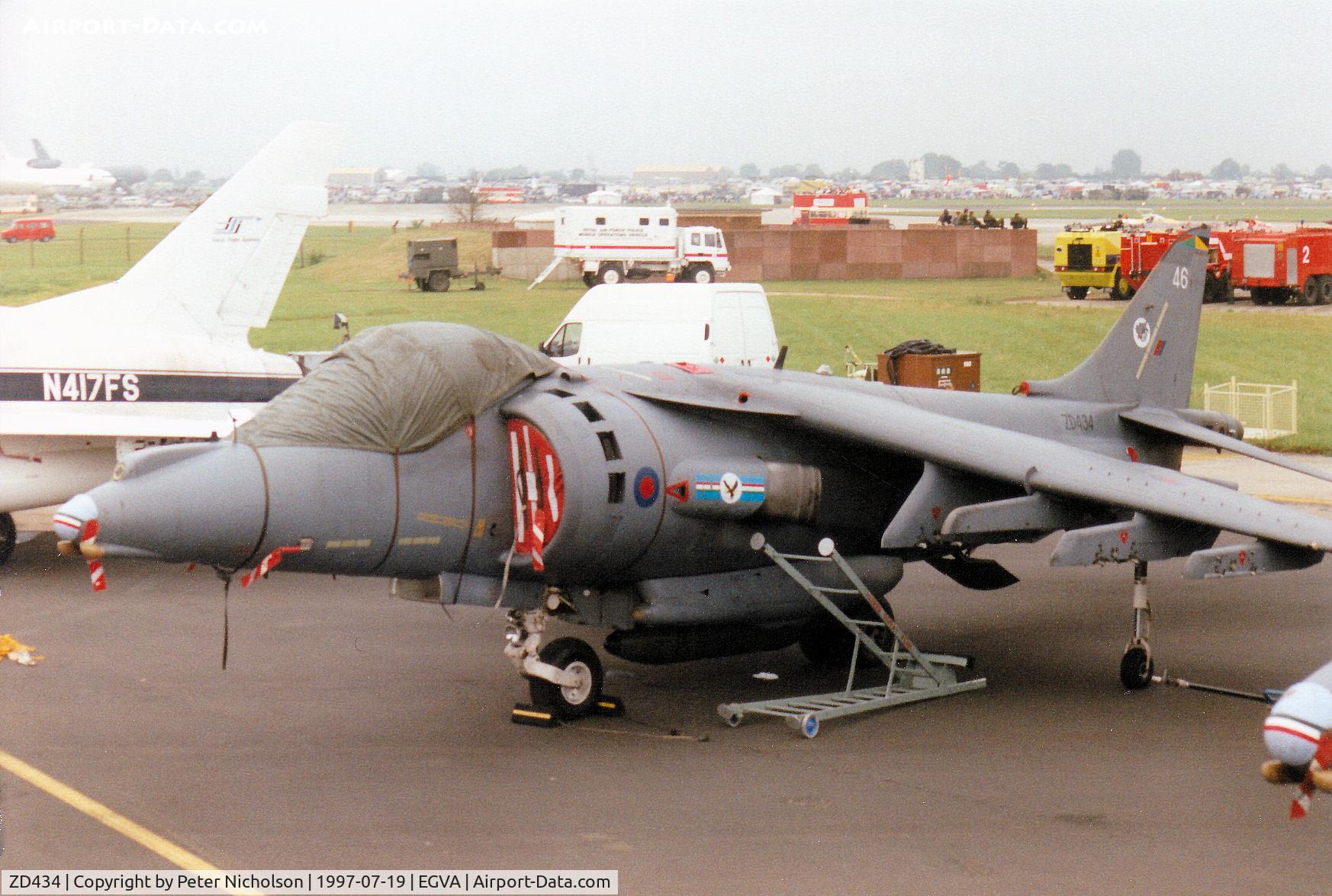 ZD434, 1989 British Aerospace Harrier GR.7 C/N P46, Harrier GR.7, callsign Neon 4, of RAF Wittering's 20[Reserve] Squadron on the flight-line at the 1997 Intnl Air Tattoo at RAF Fairford.
