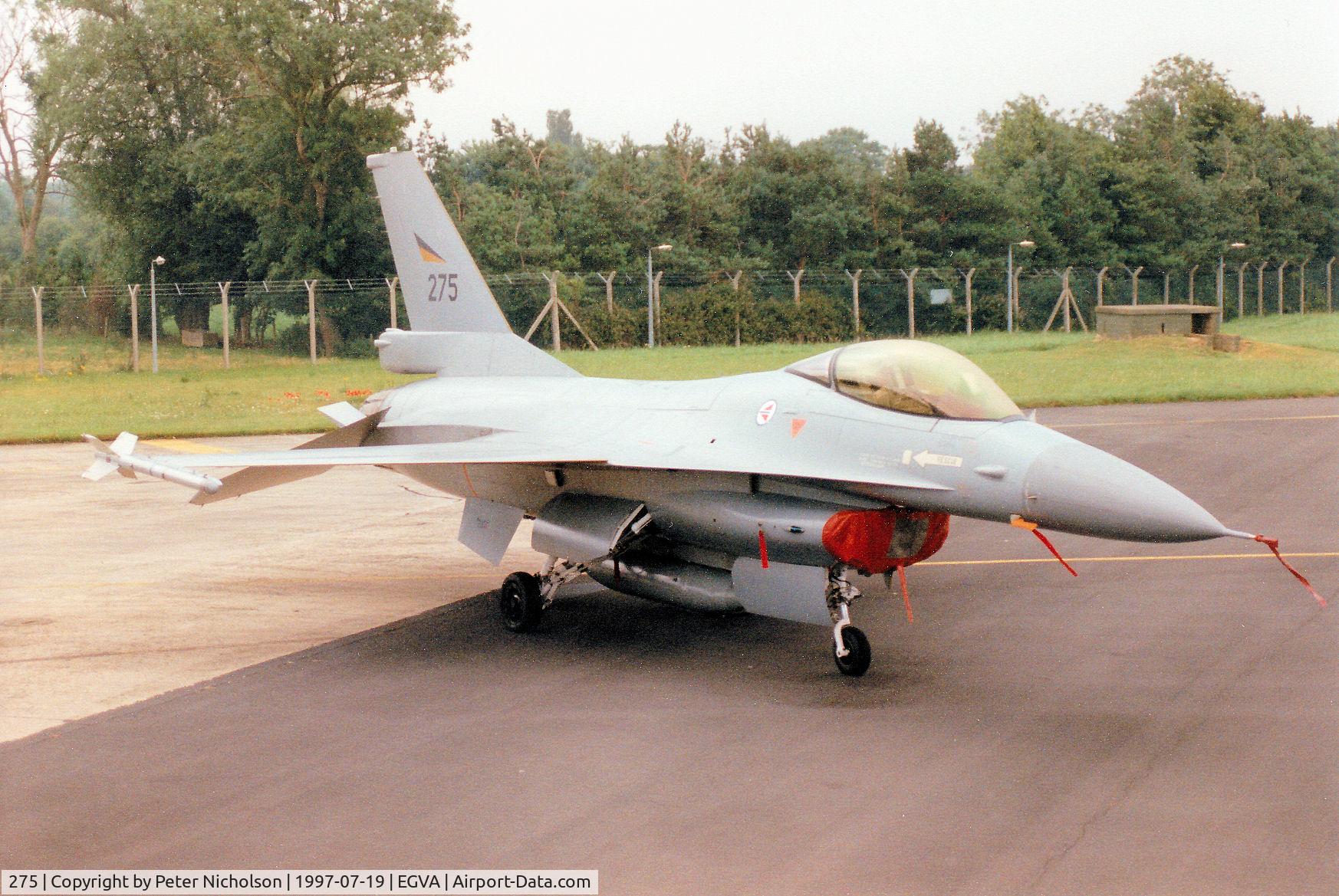 275, 1980 General Dynamics F-16A Fighting Falcon C/N 6K-4, F-16A Falcon, callsign Norwegian 5087 Bravo, of 332 Skv Royal Norwegian Air Force on the flight-line at the 1997 Intnl Air Tattoo at RAF Fairford.