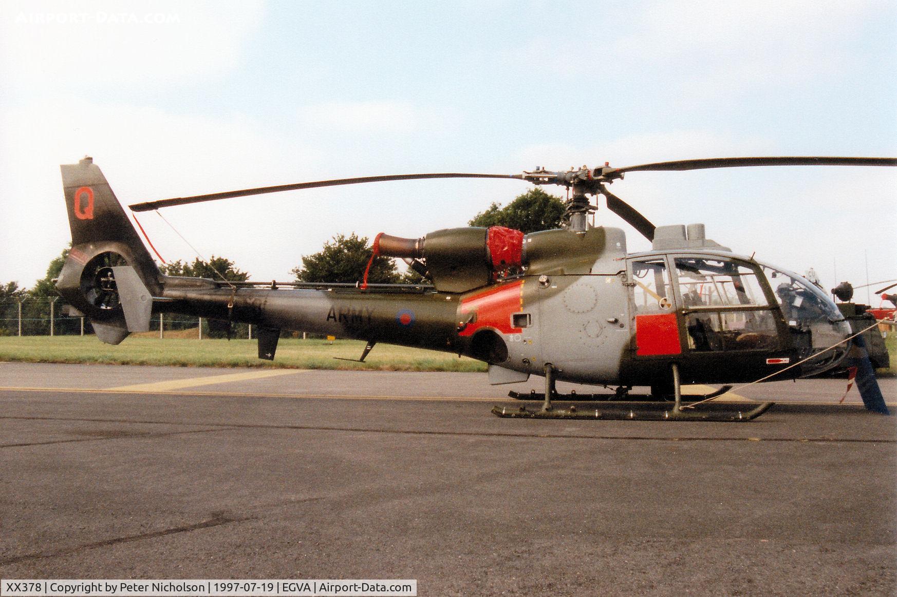 XX378, 1974 Westland SA-341B Gazelle AH1 C/N 1258, Gazelle AH.1, callsign Army Air 075, of 671 Squadron on display at the 1997 Intnl Air Tattoo at RAF Fairford.