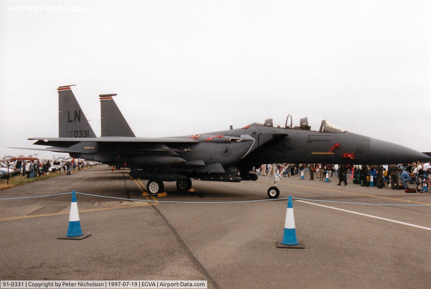 91-0331, 1991 McDonnell Douglas F-15E Strike Eagle C/N 1238/E196, F-15E Eagle, callsign Shifty 22, of RAF Lakenheath's 494th Fighter Squadron/48th Fighter Wing on display at the 1997 Intnl Air Tattoo at RAF Fairford.