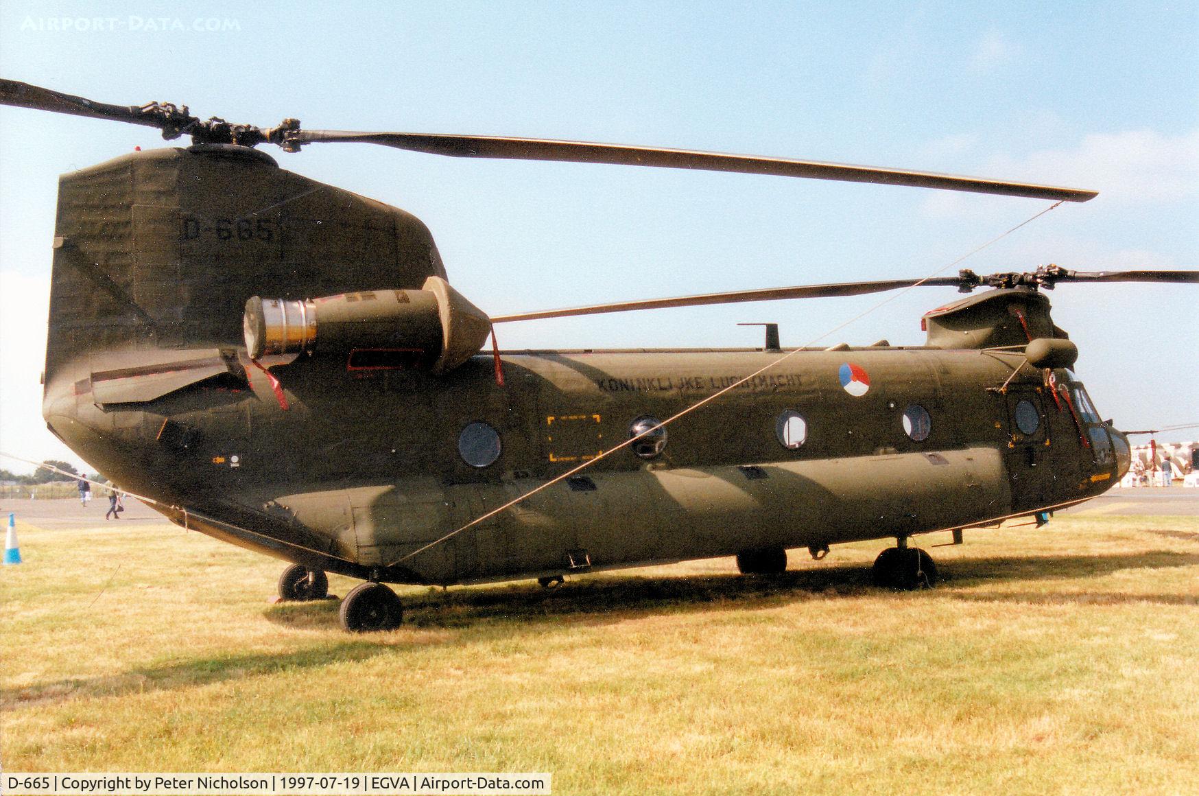 D-665, Boeing CH-47D Chinook C/N M.3665/NL-005, CH-47D Chinook, callsign Delta 665, of 298 Squadron Royal Netherlands Air Force on display at the 1997 Intnl Air Tattoo at RAF Fairford.