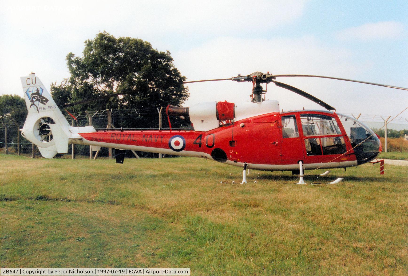 ZB647, 1982 Westland SA-341C Gazelle HT2 C/N 1924, Gazelle HT.2, callsign Navy 540, of 705 Squadron in 60th anniversary markings on display at the 1997 Intnl Air Tattoo at RAF Fairford.
