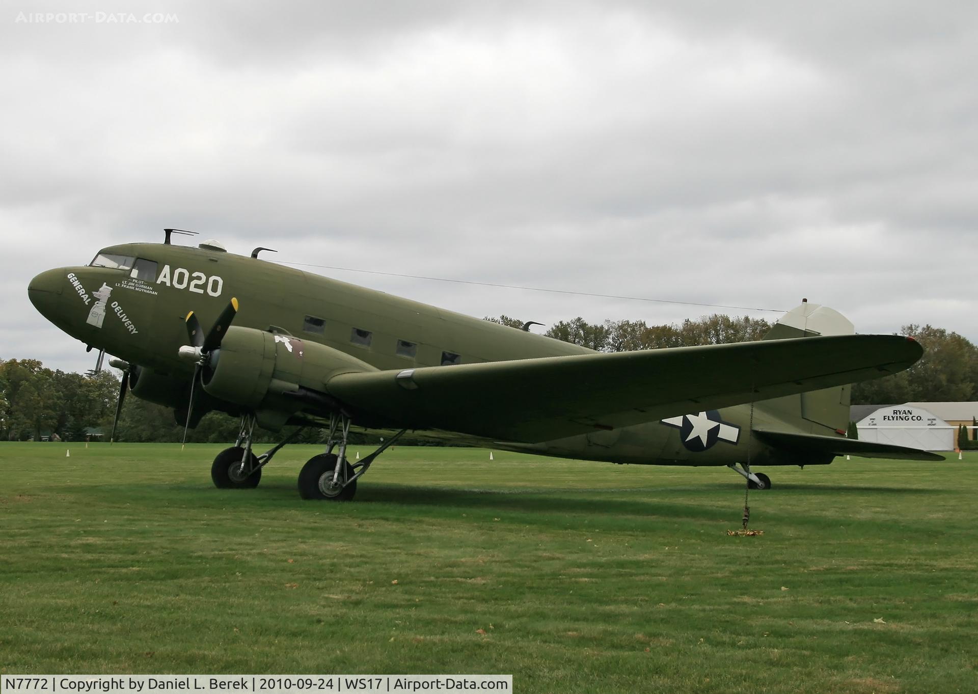 N7772, 1943 Douglas C-49K (DC-3-455) C/N 6338, The EAA DC-3 sits out a frigid Wisconsin wind storm with characteristic stoicism.