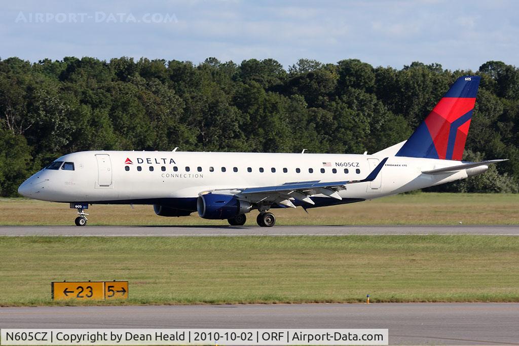 N605CZ, 2007 Embraer 175LR (ERJ-170-200LR) C/N 17000186, Delta Connection (Compass Airlines) N605CZ (FLT CPZ5681) rolling out on RWY 5 after arrival from Minneapolis/St Paul Int'l (KMSP).