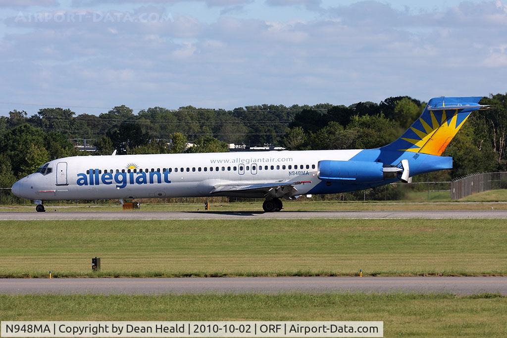 N948MA, 1989 McDonnell Douglas DC-9-87 C/N 49778, Allegiant Air N948MA (FLT AAY7021) rolling out on RWY 5 after arrival from Richmond Int'l (KRIC).