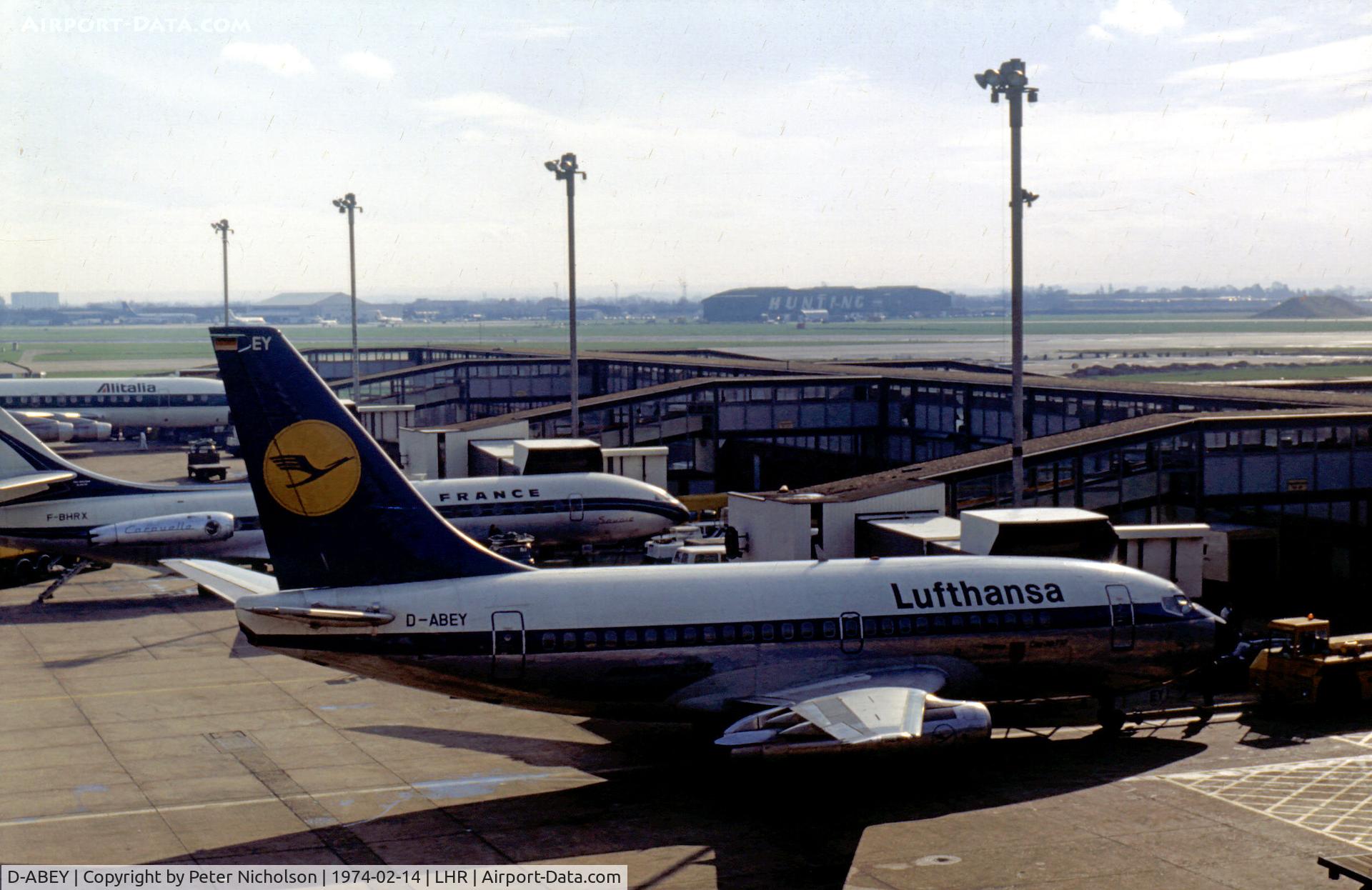 D-ABEY, 1969 Boeing 737-130 C/N 19794, Boeing 737-130, named Worms, of Lufthansa at the terminal at Heathrow in February 1974. This aircraft was later hijacked at Fiumicino Airport, Rome on December 17, 1974.