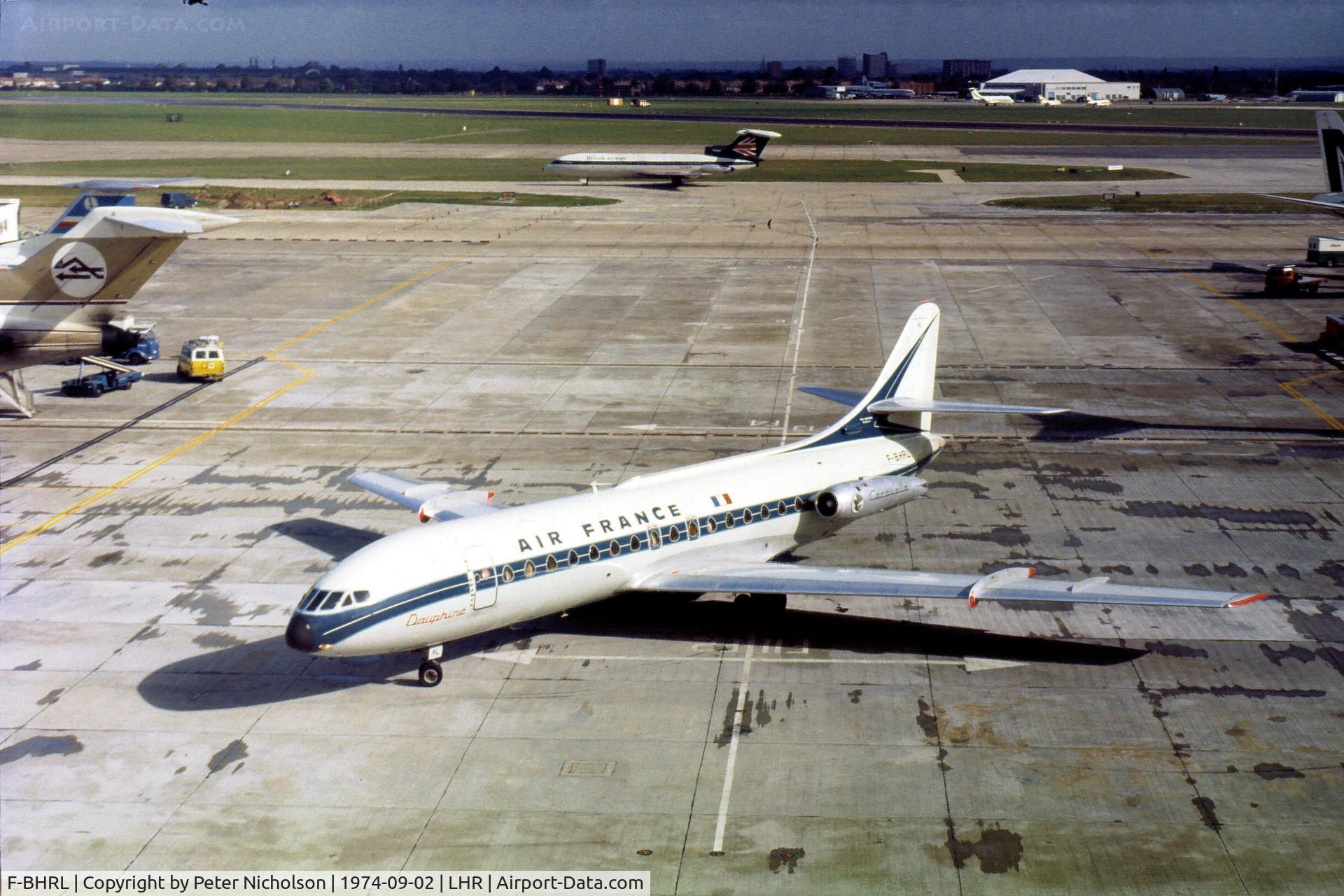 F-BHRL, 1960 Sud Aviation SE-210 Caravelle III C/N 31, Caravelle III of Air France arriving at the terminal at Heathrow in the Summer of 1974.