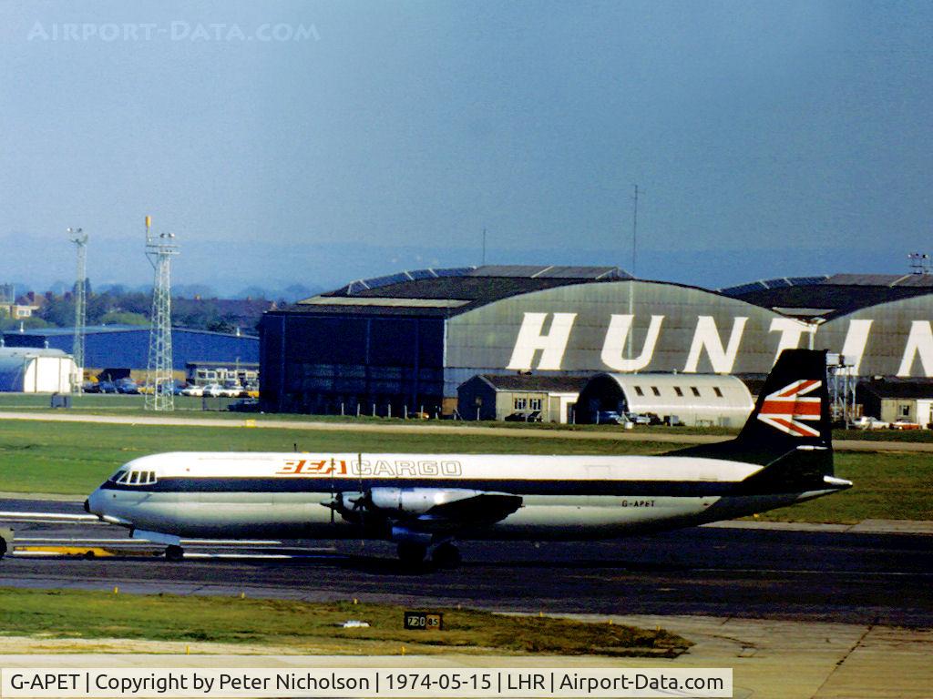 G-APET, 1962 Vickers V953C Merchantman C/N 722, Vanguard Merchantman of British European Airways Cargo Division under tow to the maintenance area at Heathrow in the Summer of 1974.