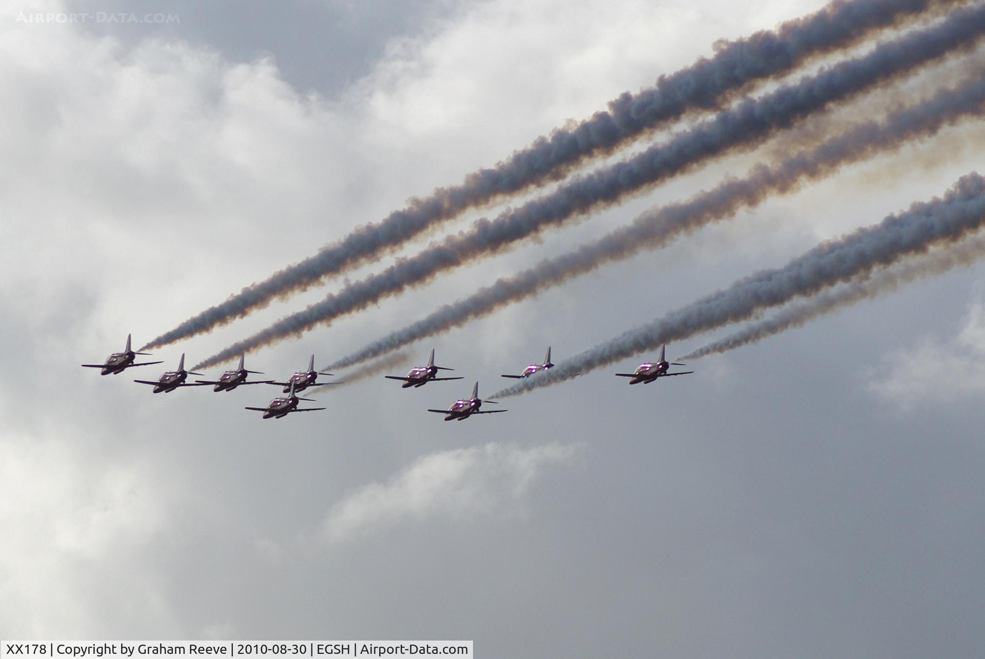 XX178, 1977 Hawker Siddeley Hawk T.1W C/N 025/312025, Red arrows flying over Norwich.