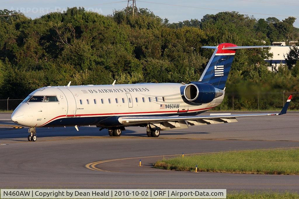 N460AW, 2003 Canadair CRJ-200LR (CL-600-2B19) C/N 7867, US Airways Express (Air Wisconsin) N460AW (FLT AWI961A) rolling out on RWY 5 after arrival from Reagan National (KDCA).