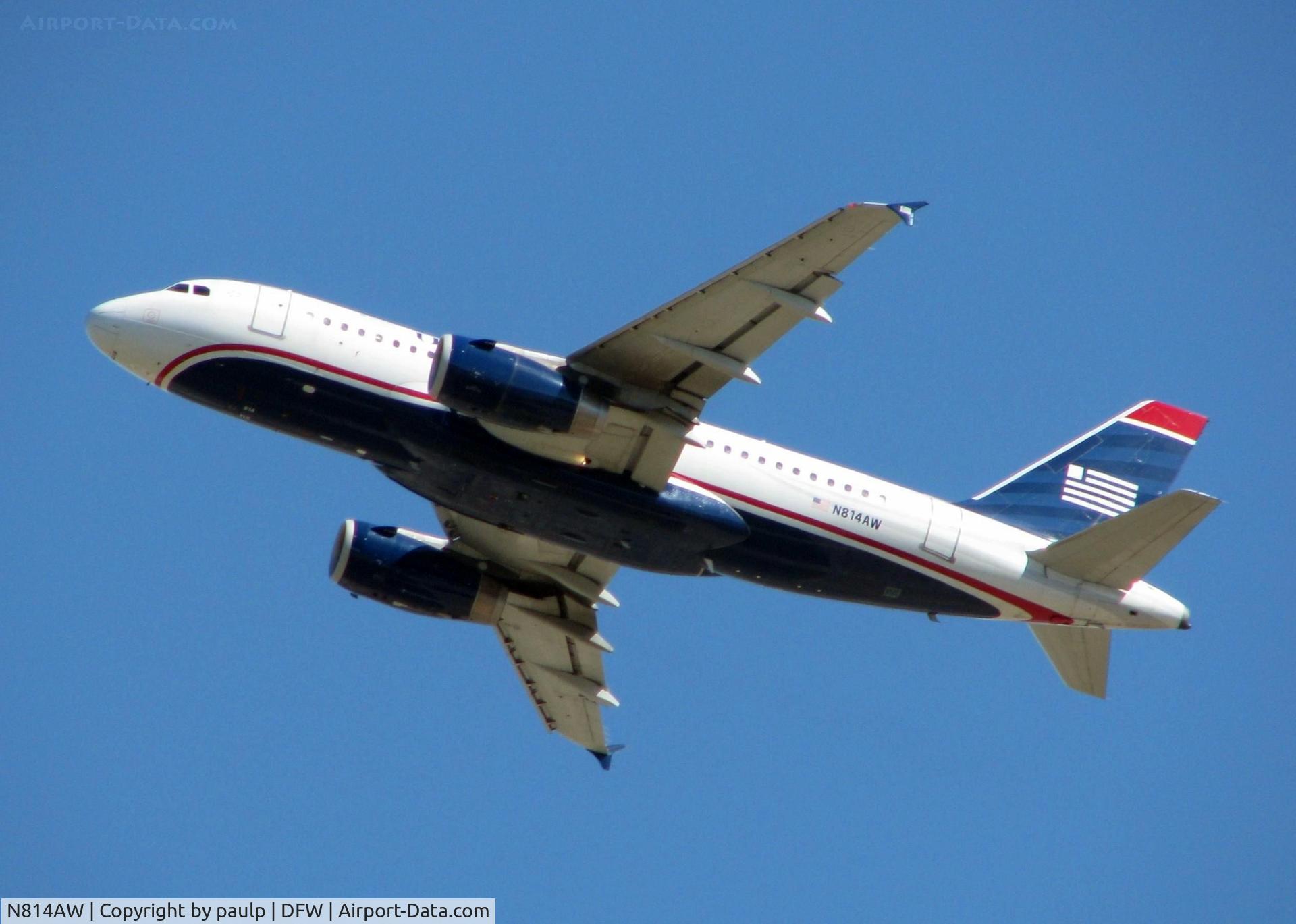 N814AW, 2000 Airbus A319-132 C/N 1281, Departing DFW.