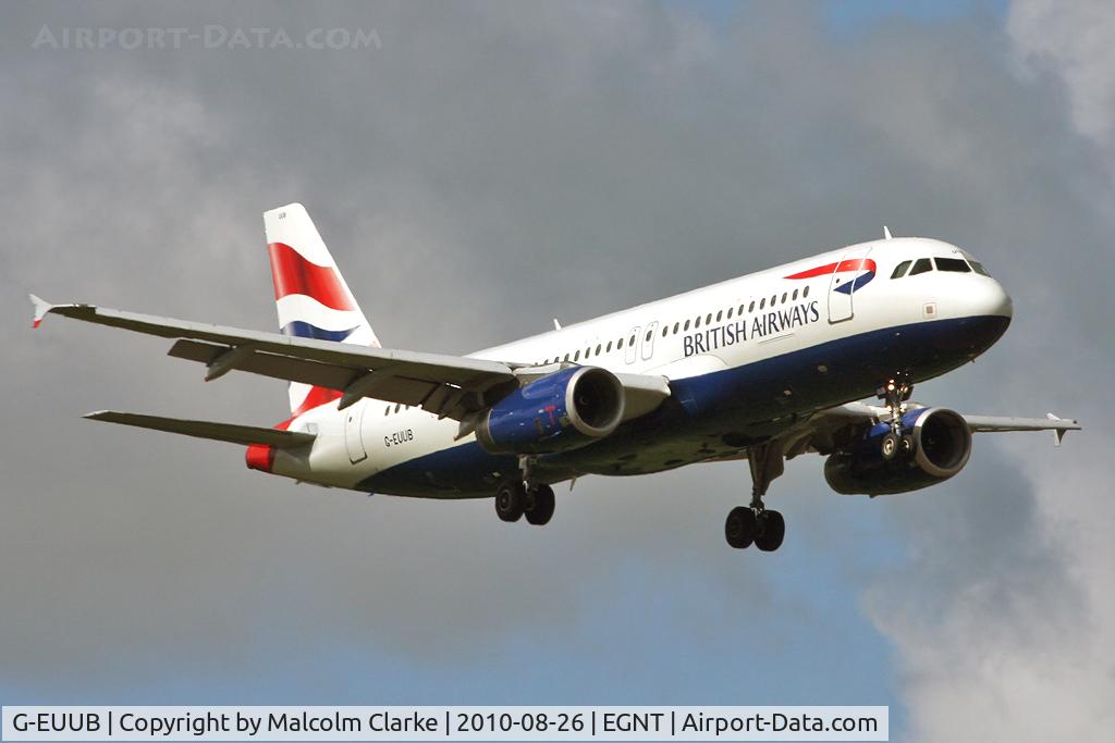 G-EUUB, 2002 Airbus A320-232 C/N 1689, Airbus A320-232 on finals to runway 07 at Newcastle Airport in August 2010.