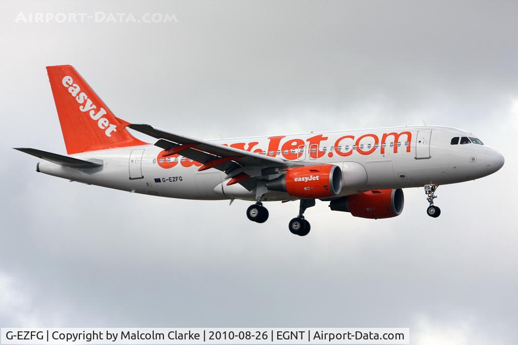 G-EZFG, 2009 Airbus A319-111 C/N 3845, Airbus A319-111 on finals to 07 at Newcastle Airport in August 2010.
