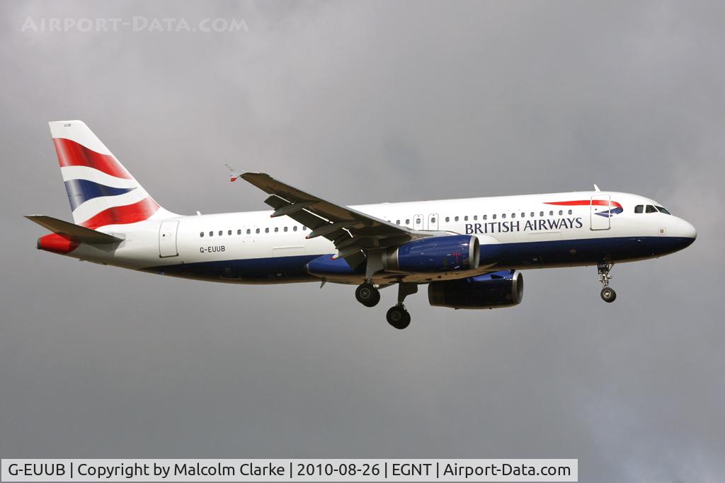 G-EUUB, 2002 Airbus A320-232 C/N 1689, Airbus A320-232 on finals to 07 at Newcastle Airport in August 2010.