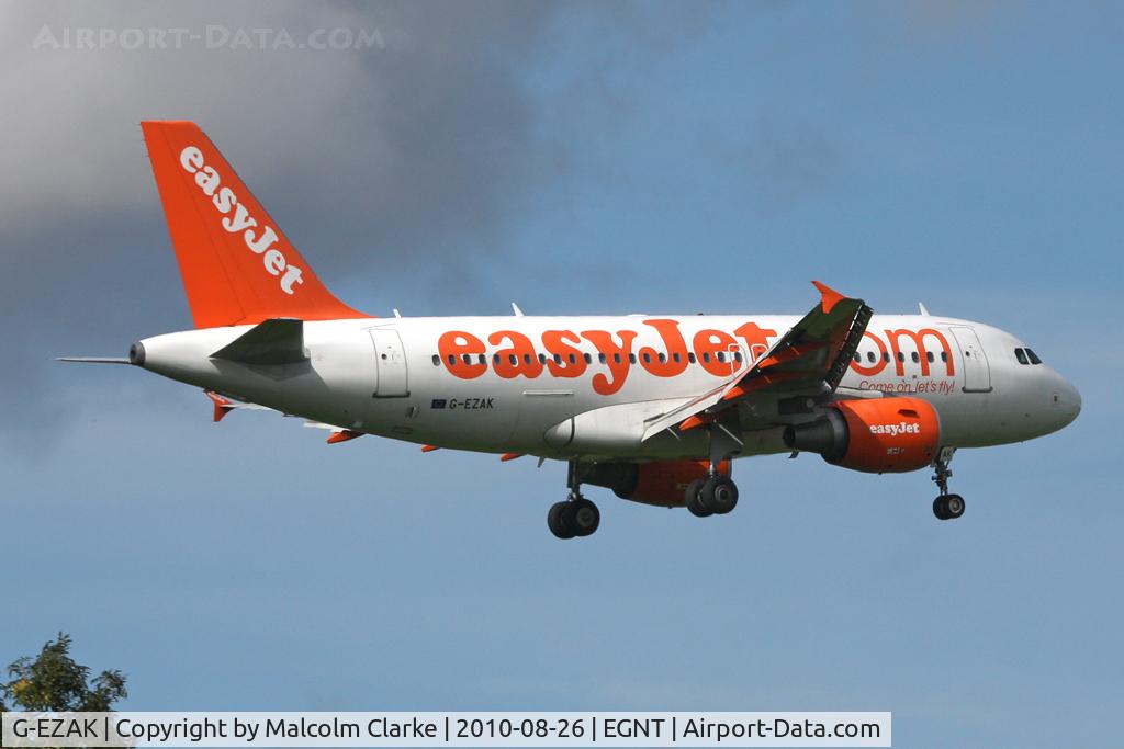 G-EZAK, 2006 Airbus A319-111 C/N 2744, Airbus A319-111 on finals to 07 , Newcastle Airport, August 2010.