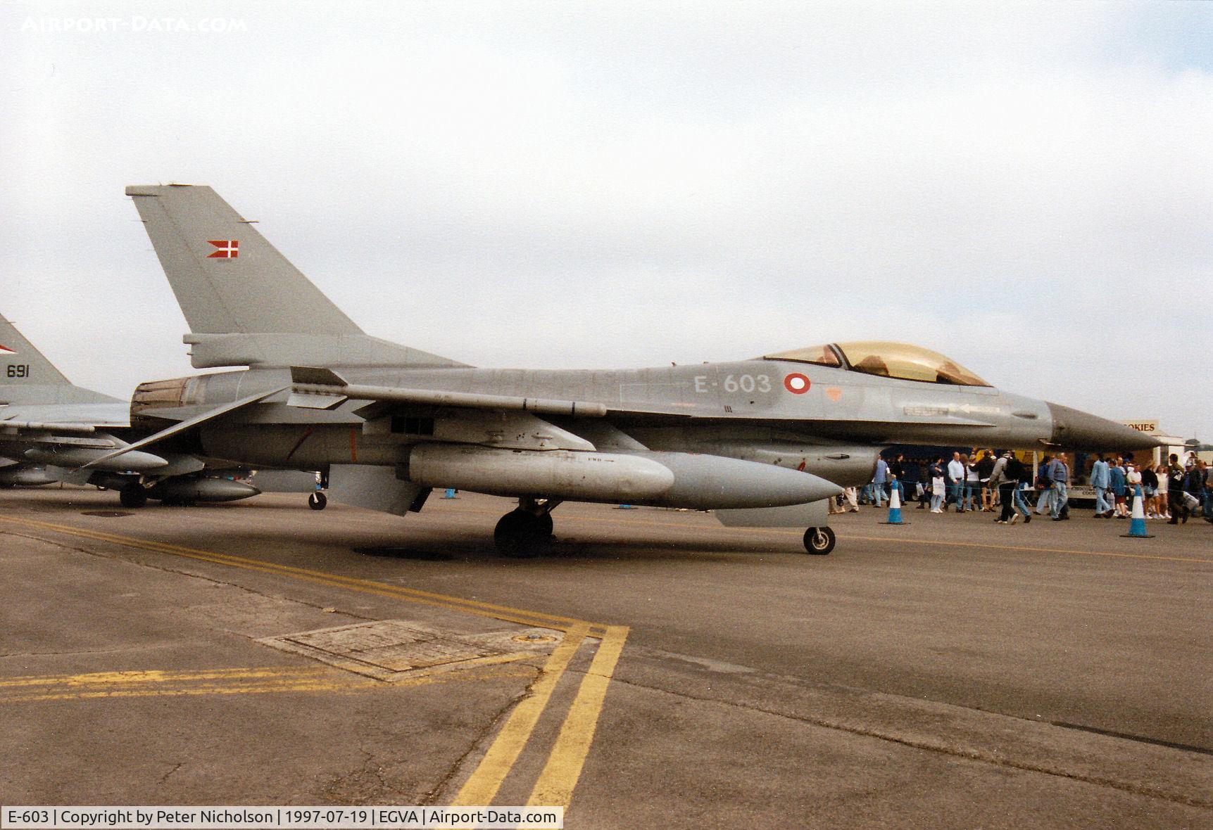 E-603, SABCA F-16AM Fighting Falcon C/N 6F-38, F-16A Falcon, callsign Danish Air Force 3270 Bravo, of Eskradille 727 on display at the 1997 Intnl Air Tattoo at RAF Fairford.