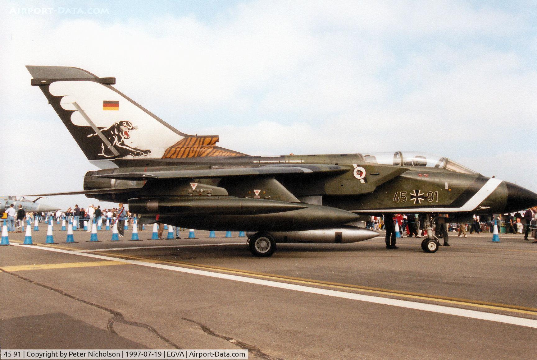 45 91, Panavia Tornado IDS C/N 722/GS232/4291, Tornado IDS, callsign German Air Force Sierra Whisky 96 Bravo, of AKG-51 on display at the 1997 Intnl Air Tattoo at RAF Fairford.