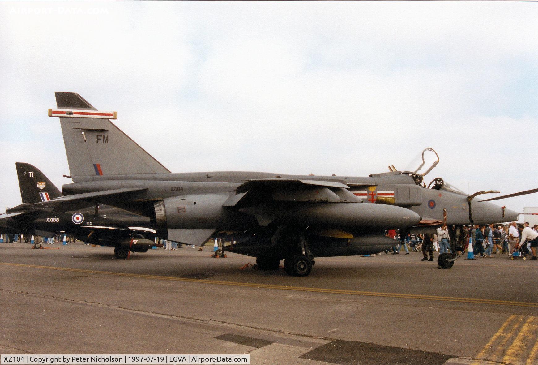 XZ104, Sepecat Jaguar GR.1A C/N S.105, Jaguar GR.1A, callsign Rebel 1, of 41 Squadron at RAF Coltishall on display at the 1997 Intnl Air Tattoo at RAF Fairford.