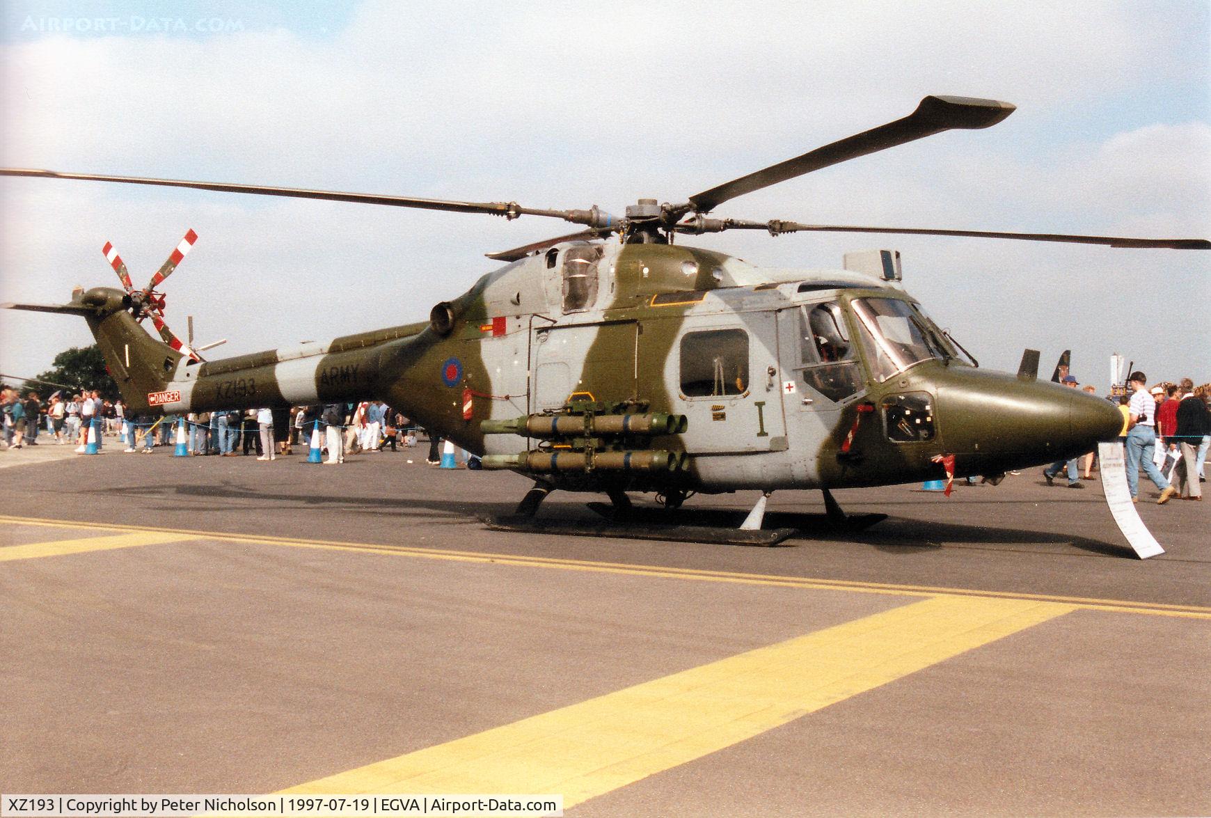XZ193, 1978 Westland Lynx AH.1 C/N 093, Lynx AH.7, callsign Army Air 075, of 671 Squadron at Middle Wallop on display at the 1997 Intnl Air Tattoo at RAF Fairford.