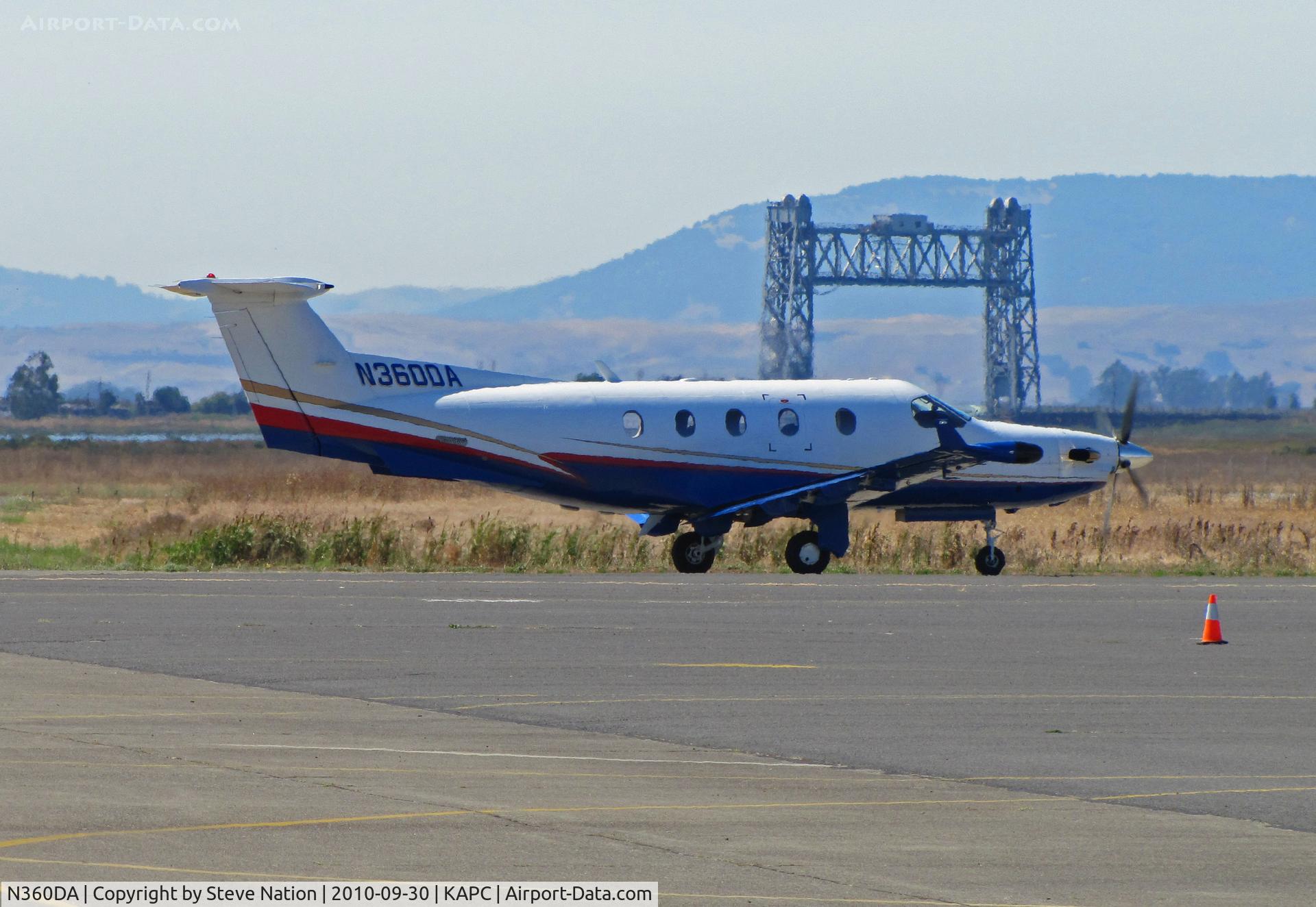 N360DA, 1999 Pilatus PC-12/45 C/N 270, Landmark Napa River RR bridge frames On the Rise Aviation's 1999 Pilatus PC-12/45 departing for KFAT KCRQ (Fresno-Yosemite Intl Airport, CA)
