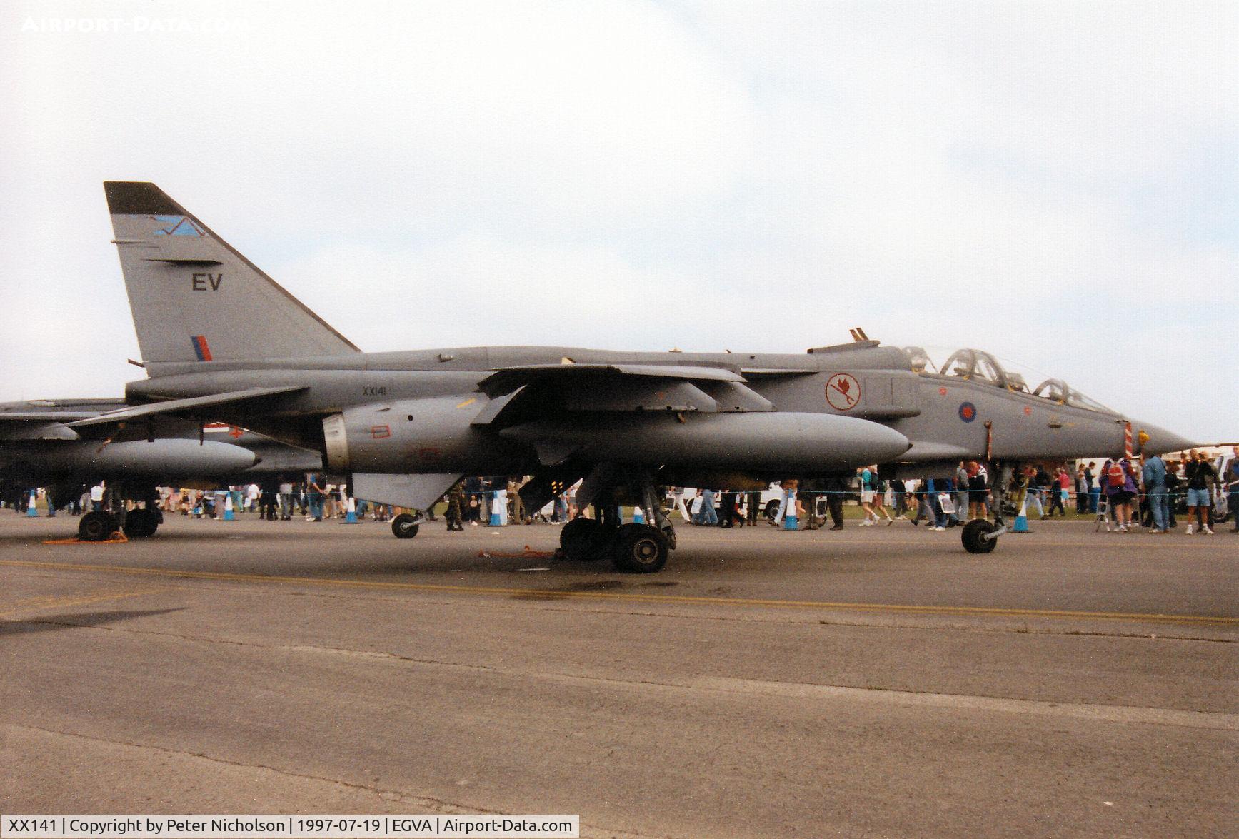 XX141, 1974 Sepecat Jaguar T.2A C/N B.6, Jaguar T.2A, callsign Havoc, of RAF Coltishall's 6 Squadron on display at the 1997 Intnl Air Tattoo at RAF Fairford.