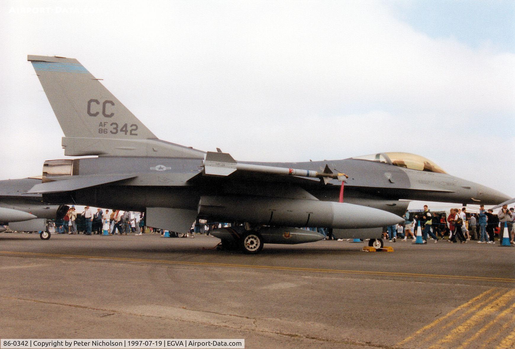 86-0342, 1986 General Dynamics F-16C Fighting Falcon C/N 5C-448, F-16C Falcon, callsign Chosen 02, of 523rd Fighter Squadron/27th Fighter Wing at Cannon AFB on display at the 1997 Intnl Air Tattoo at RAF Fairford.