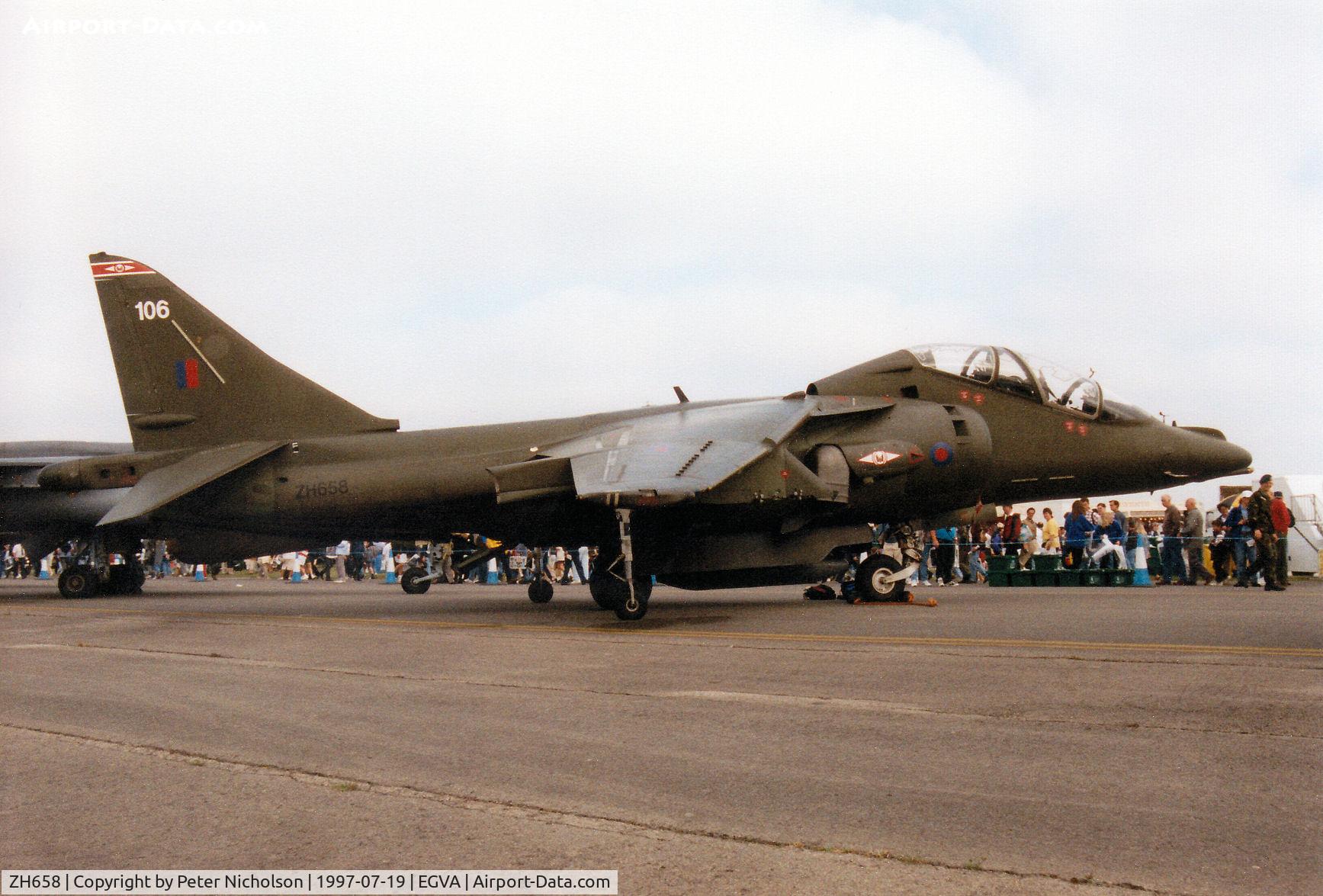 ZH658, 1994 British Aerospace Harrier T.10 C/N TX006, Harrier T.10, callsign Neon 1, of 1 Squadron at RAF Wittering on display at the 1997 Intnl Air Tattoo at RAF Fairford.