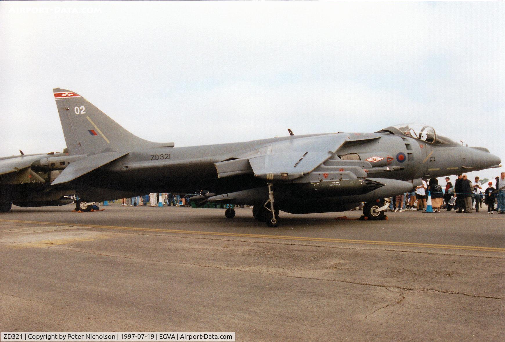 ZD321, 1988 British Aerospace Harrier GR.7 C/N 512071/P2, Harrier GR.7, callsign Neon 3, of 1 Squadron based at RAF Wittering on display at the 1997 Intnl Air Tattoo at RAF Fairford.