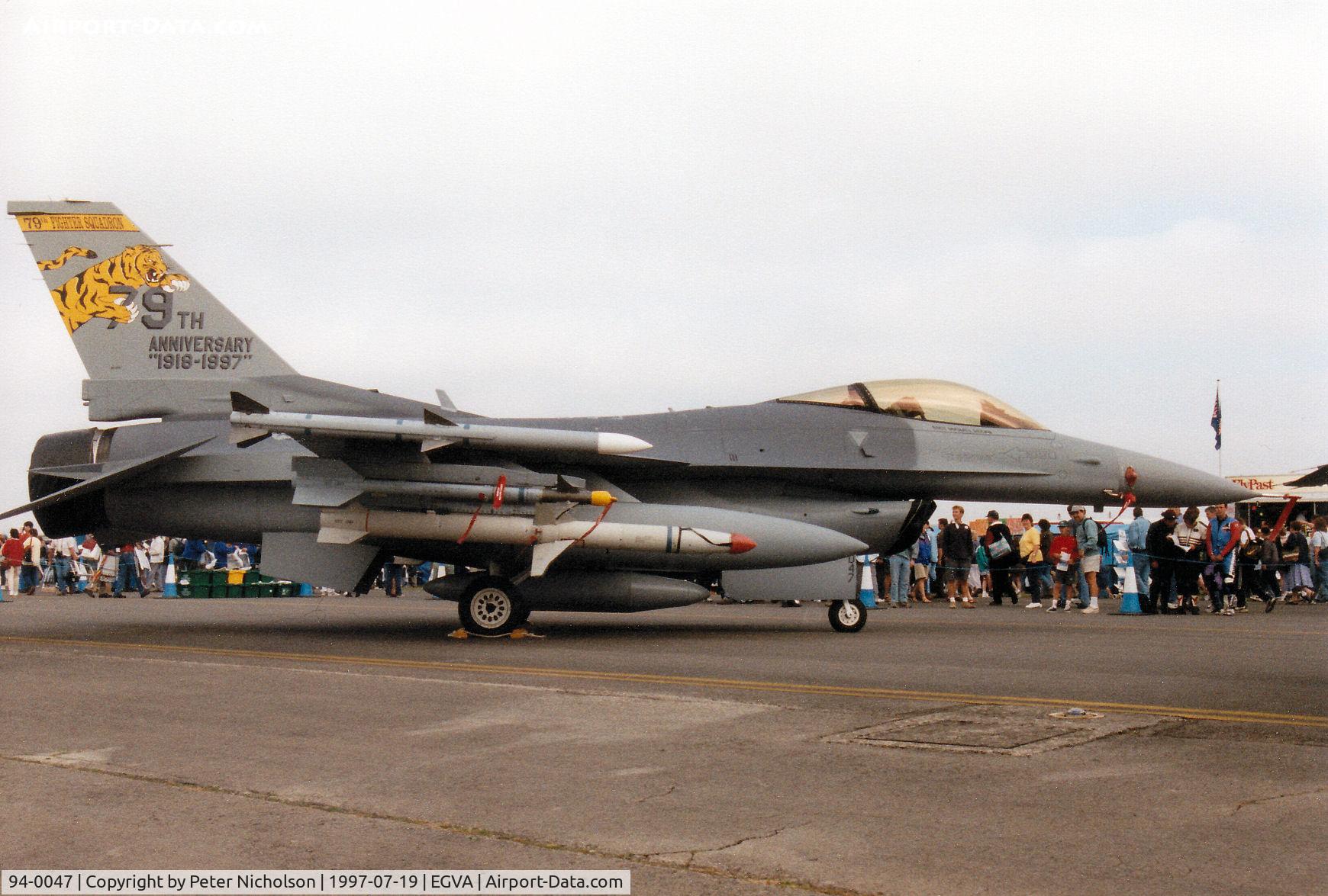 94-0047, 1994 Lockheed F-16C Fighting Falcon C/N CC-199, F-16C Falcon, callsign Trend 62, of 79th Fighter Squadron/20th Fighter Wing with 79th anniversary markings on display at the 1997 Intnl Air Tattoo at RAF Fairford.