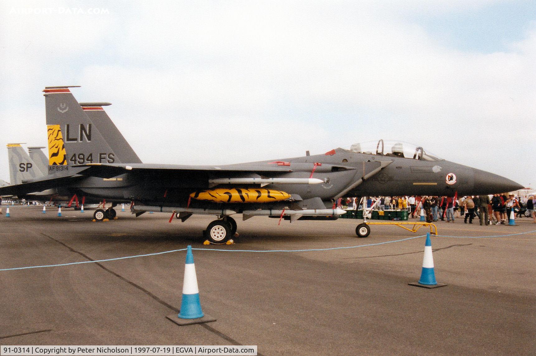 91-0314, 1991 McDonnell Douglas F-15E Strike Eagle C/N 1221/E179, F-15E Strike Eagle, callsign Shifty 21, of 494th Fighter Squadron/48th Fighter Wing at RAF Lakenheath on display at the 1997 Intnl Air Tattoo at RAF Fairford.