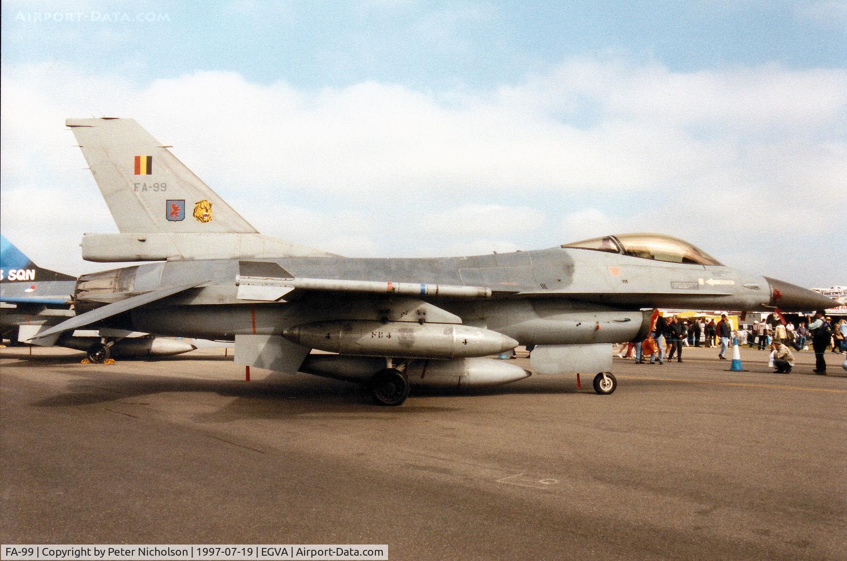 FA-99, SABCA F-16AM Fighting Falcon C/N 6H-99, F-16A Falcon, callsign Belgian Air Force 431, of 31 Squadron on display at the 1997 Intnl Air Tattoo at RAF Fairford.