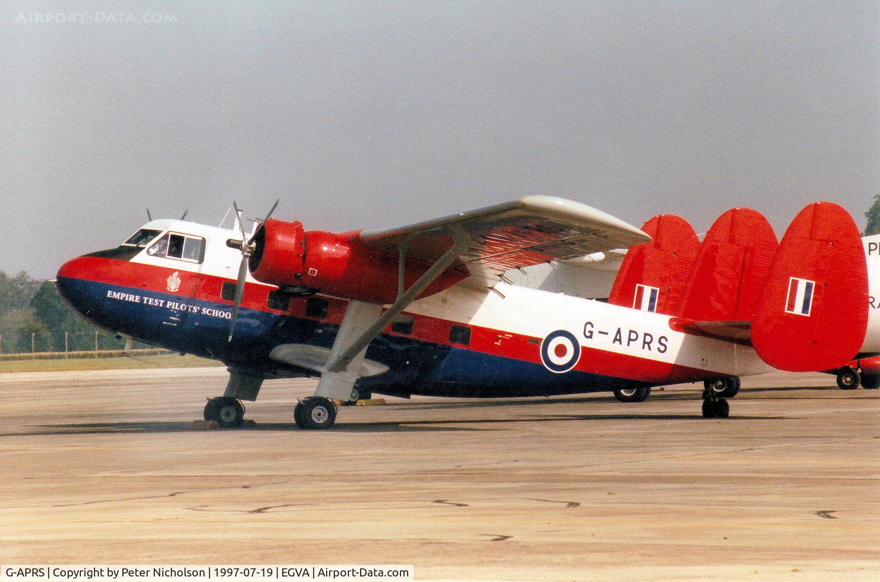 G-APRS, 1959 Scottish Aviation Twin Pioneer CC.2 C/N 561, Atlantique Aviation Historic Flight's Twin Pioneer on display at the 1997 Intnl Air Tattoo at RAF Fairford retained the Empire Test Pilots School markings when it served as XT610