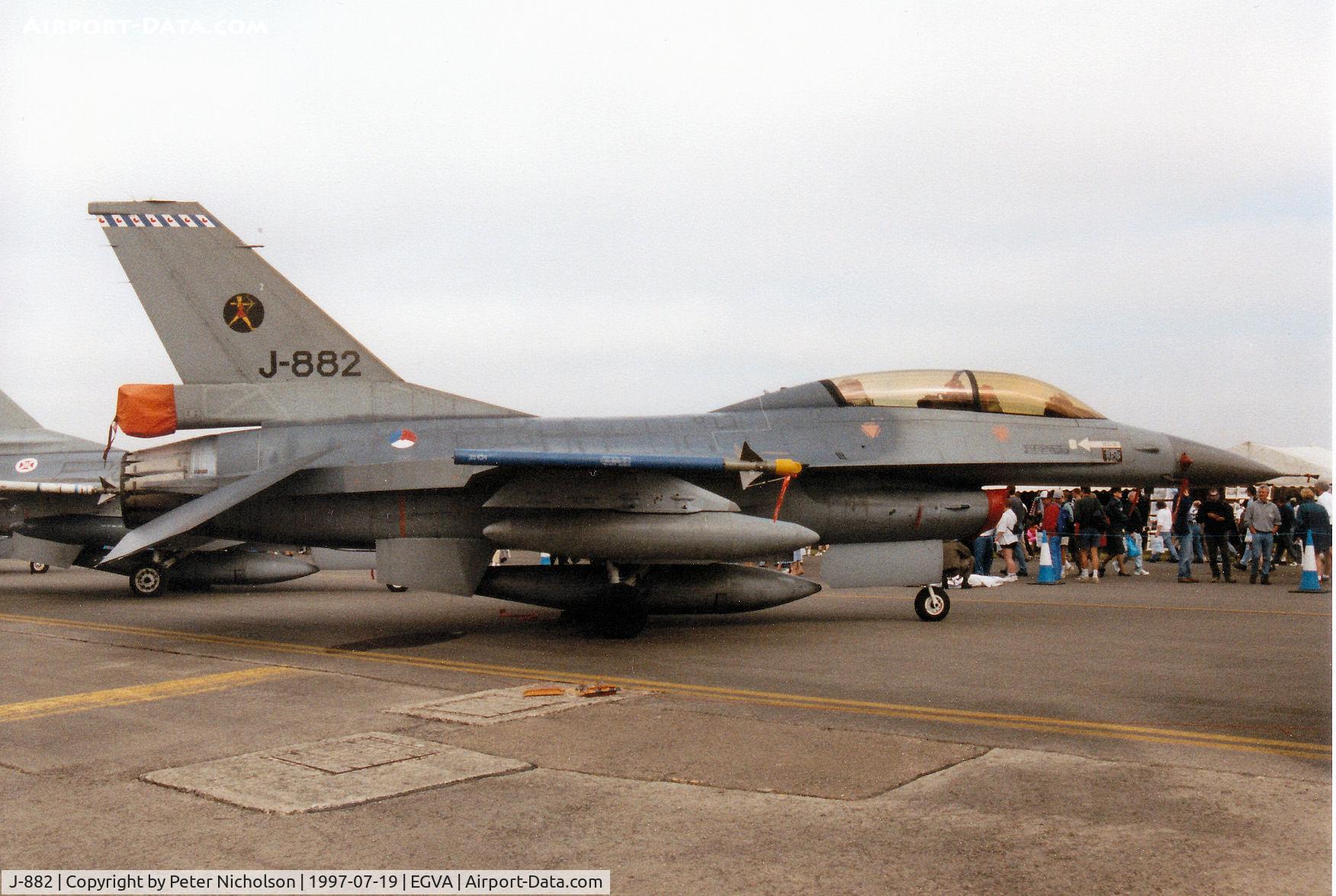 J-882, 1981 Fokker F-16B Fighting Falcon C/N 6E-23, F-16B Falcon, callsign Diana, of 323 Squadron Royal Netherlands Air Force on display at the 1997 Intnl Air Tattoo at RAF Fairford.