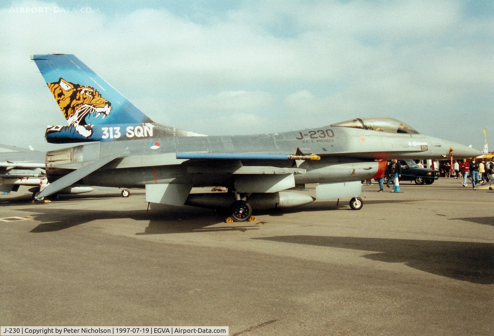 J-230, 1978 Fokker F-16A Fighting Falcon C/N 6D-19, F-16A Falcon, callsign Tiger 81, of 313 Squadron Royal Netherlands Air Force on display at the 1997 Intnl Air Tattoo at RAF Fairford.