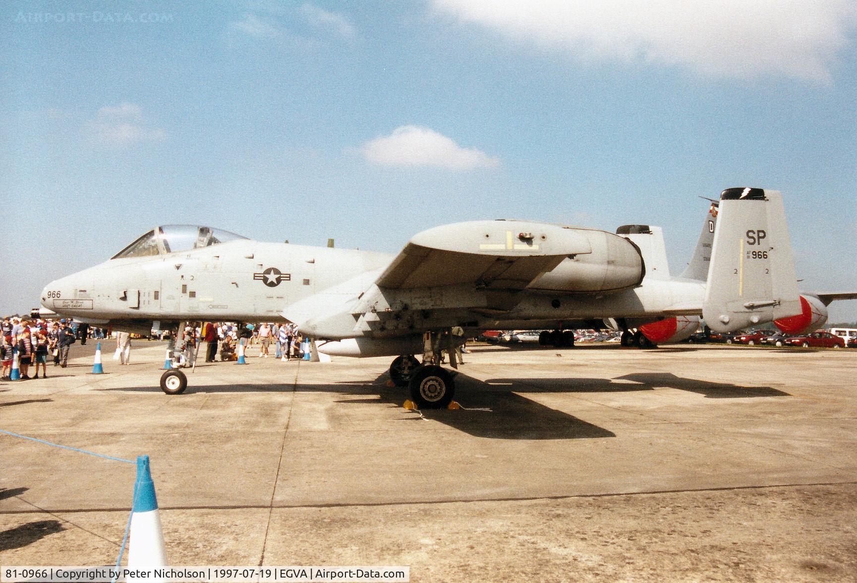 81-0966, 1981 Fairchild Republic A-10A Thunderbolt II C/N A10-0661, A-10A Thunderbolt, callsign Panther 12, of Spangdahlem's 81st Fighter Squadron/52nd Fighter Wing on display at the 1997 Intnl Air Tattoo at RAF Fairford.