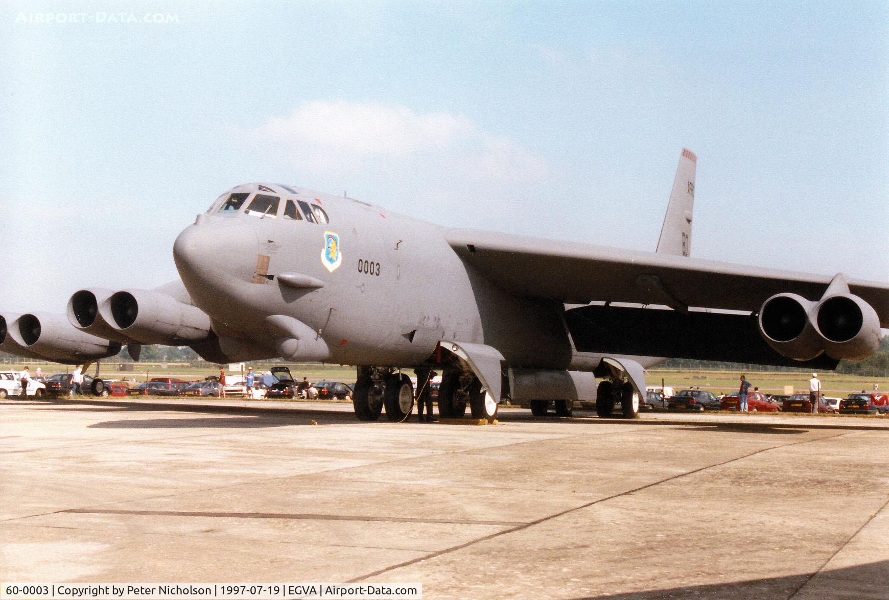 60-0003, 1960 Boeing B-52H Stratofortress C/N 464368, B-52H Stratofortress, callsign Scalp 12, of 93rd Bomb Squadron/917 Wing at Barksdale AFB on display at the 1997 Intnl Air Tattoo at RAF Fairford.
