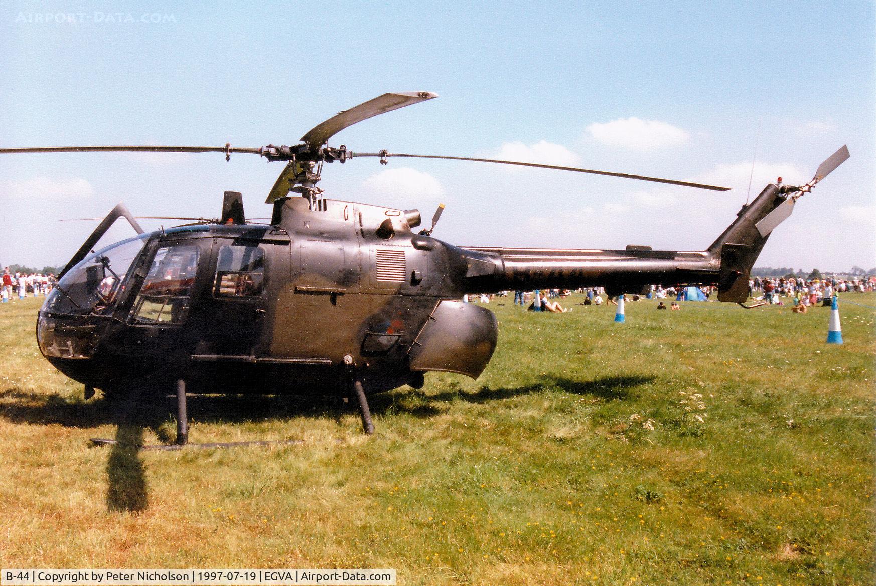 B-44, MBB Bo-105CB C/N S-244, MBB Bo.105CB, callsign Bravo 44, of 299 Squadron of the Royal Netherlands Air Force on display at the 1997 Intnl Air Tattoo at RAF Fairford.