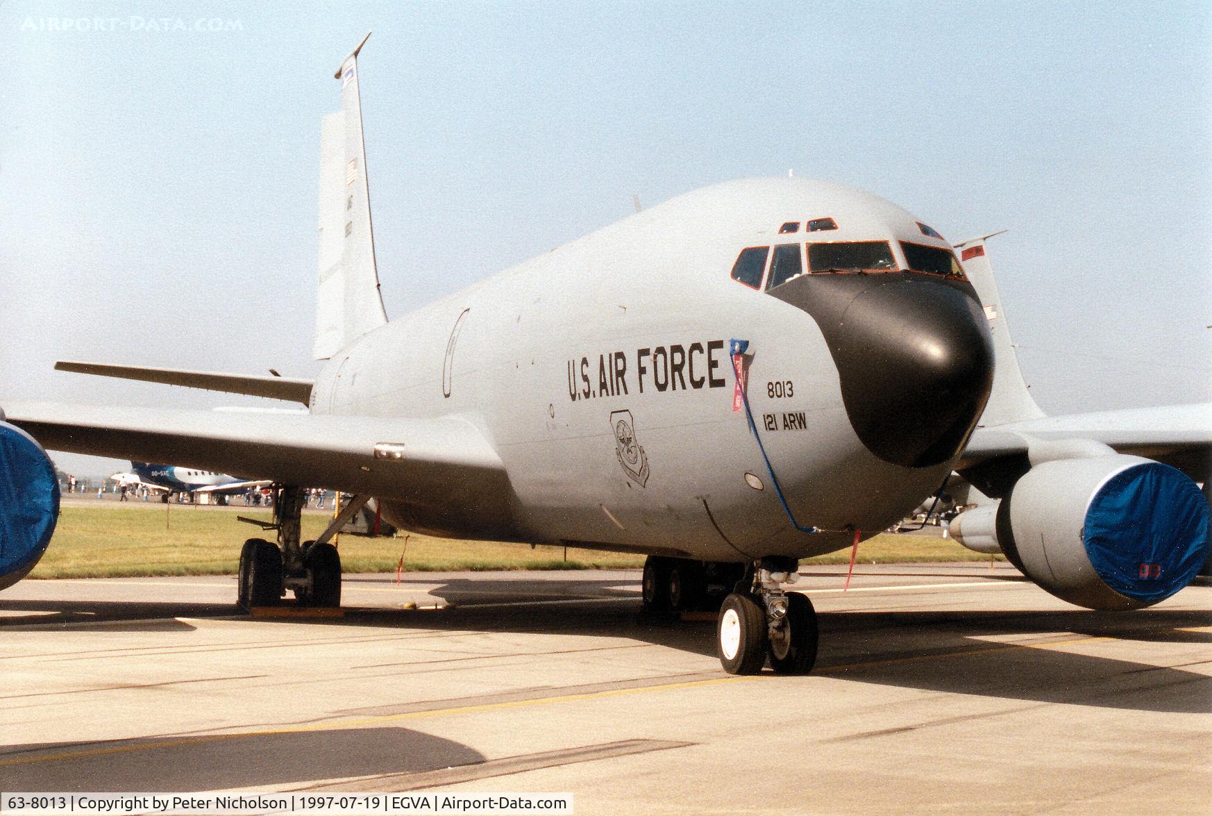 63-8013, 1963 Boeing KC-135R Stratotanker C/N 18600, KC-135R Stratotanker, callsign Gold 11, of 166th Air Refuelling Squadron/121st Air Refuelling Wing at Rickenbacker AFB on display at the 1997 Intnl Air Tattoo at RAF Fairford.