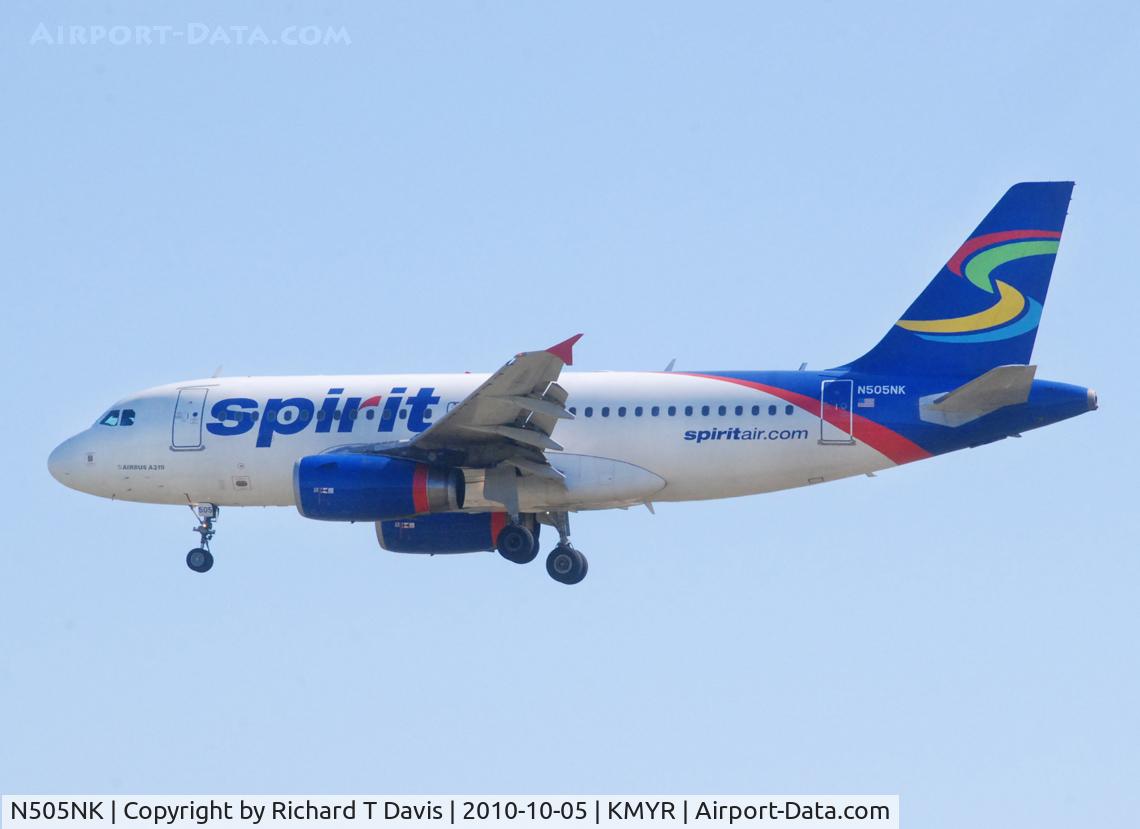 N505NK, 2005 Airbus A319-132 C/N 2485, 2005 Airbus A319-132 landing in Myrtle Beach SC.
