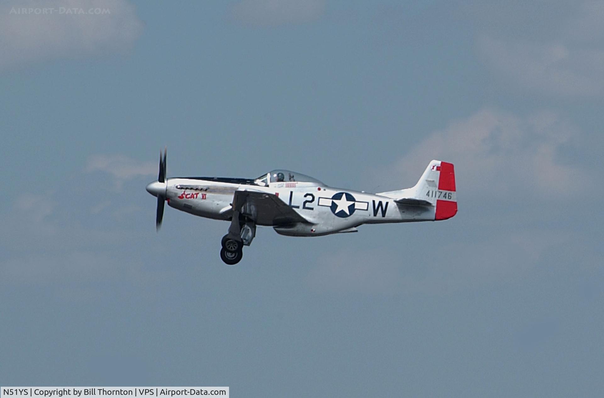 N51YS, 1945 North American P-51D Mustang C/N 122-39285, N51YS, Tail No. 411746, a P-51D (25NA), known as Scat VI, owned by Denny Hickman of Alabama, takes off from Rwy 19 at Eglin AFB, Fla. for a vintage aircraft demo during the 2010 Eglin Air Show. (an f-stop 5.6 photograph)