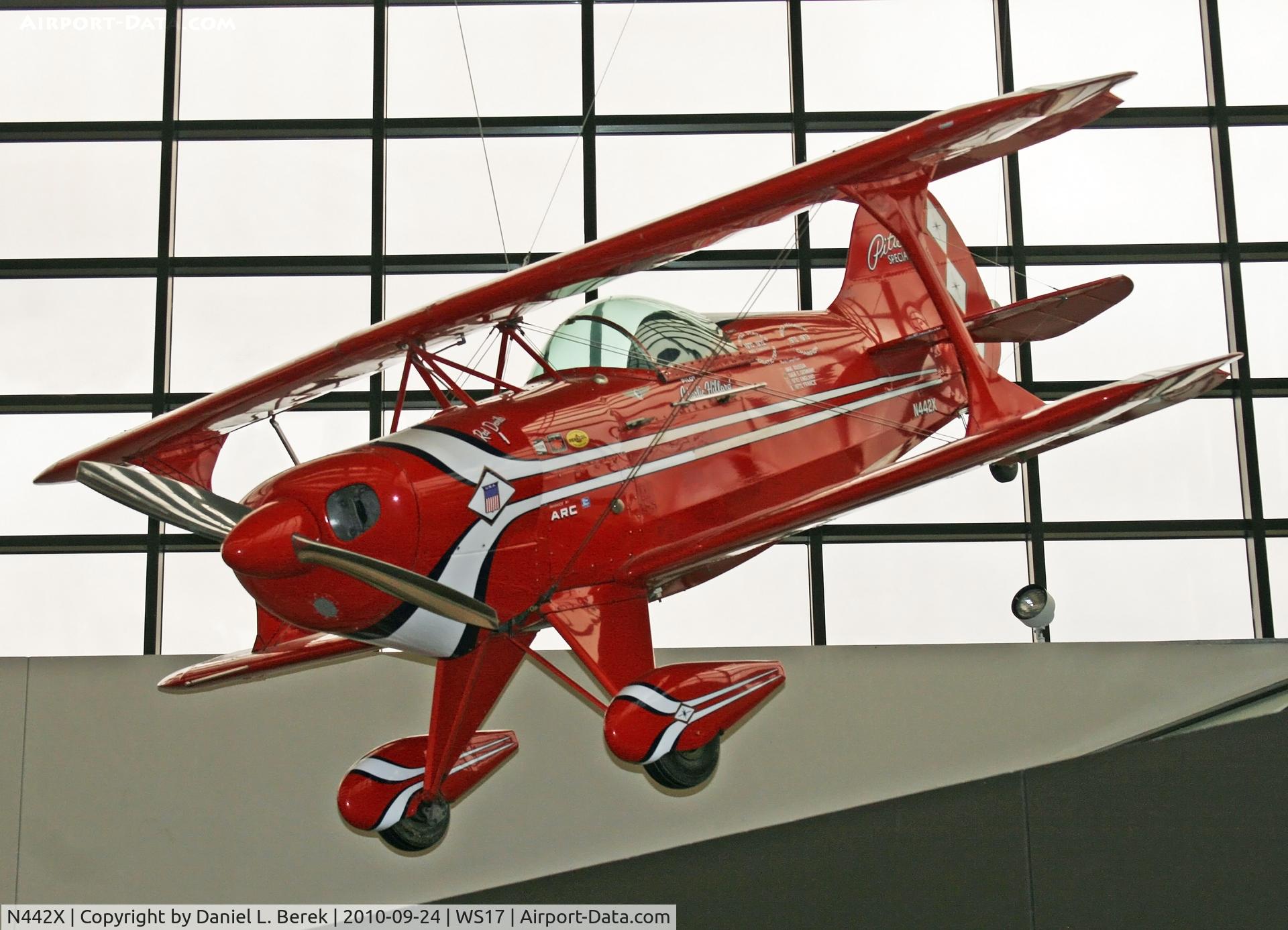 N442X, 1969 Pitts S-1 Special C/N 117H, One of three bright red Pitts Specials suspended over the foyer of the EAA AirVenture Museum.