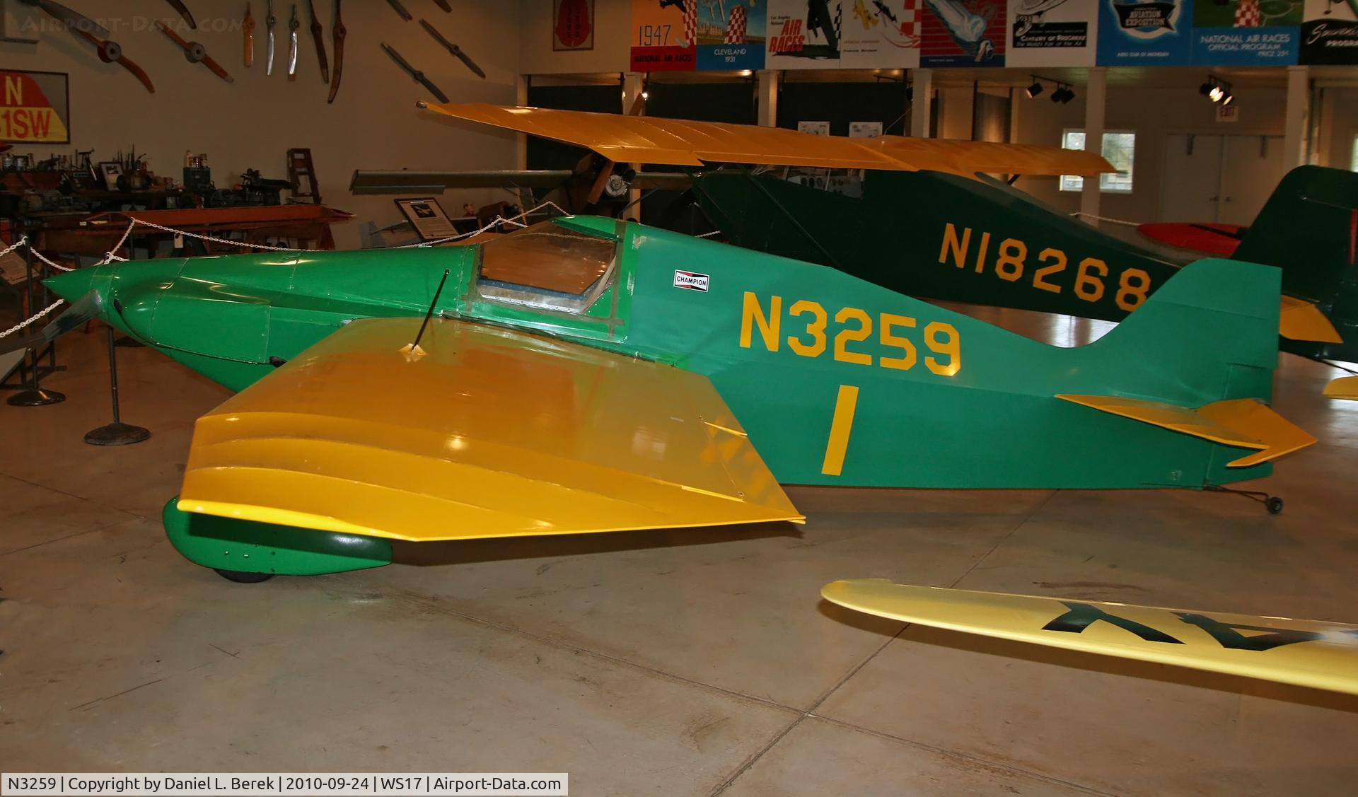 N3259, 1970 Wittman Witts V C/N 11, Powered by a VW engine, this aircraft led the way for the highly successful yet economical Forumula V racing planes.