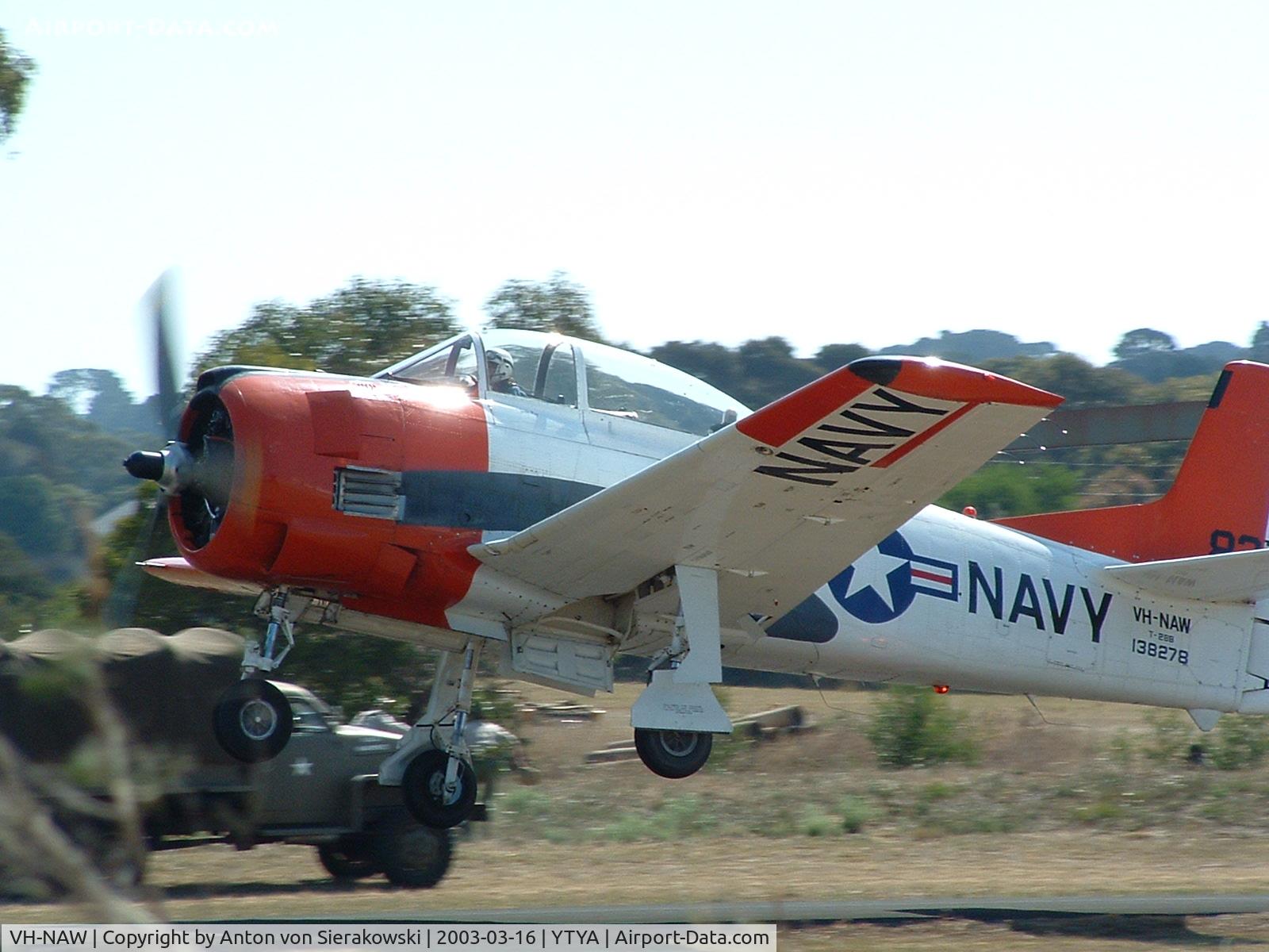 VH-NAW, 1962 North American T-28B Trojan C/N 200-349, VH-NAW @ YTYA - North American T-28B Trojan (cn 200-349) owner/pilot Judy Pay. Taken at PAC Airshow 16 Mar 2003