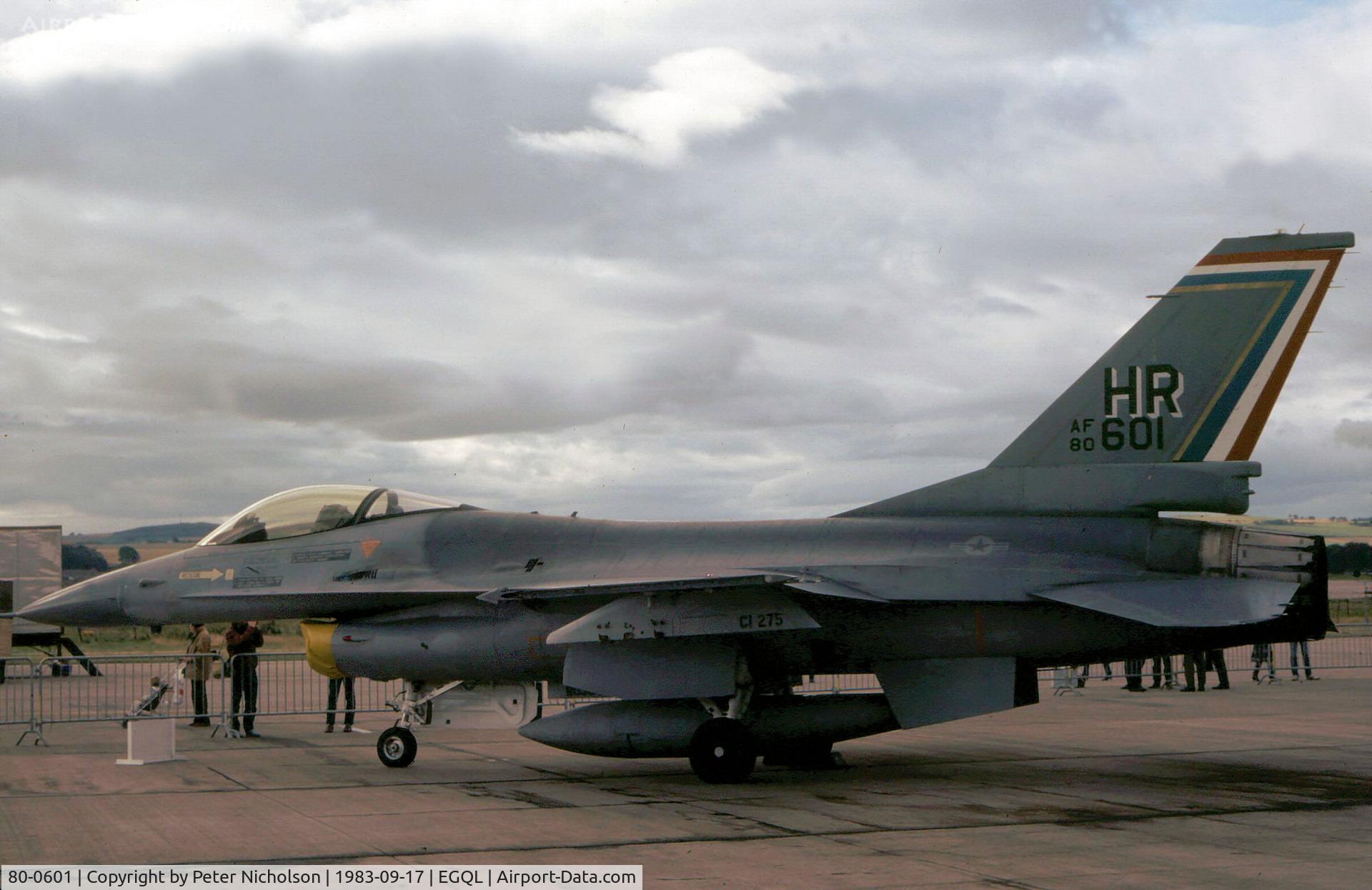 80-0601, 1980 General Dynamics F-16A Fighting Falcon C/N 61-322, F-16A Falcon of 496th Tactical Fighter Squadron/50th Tactical Fighter Wing at Hahn Air Base on display at the 1983 RAF Leuchars Airshow.