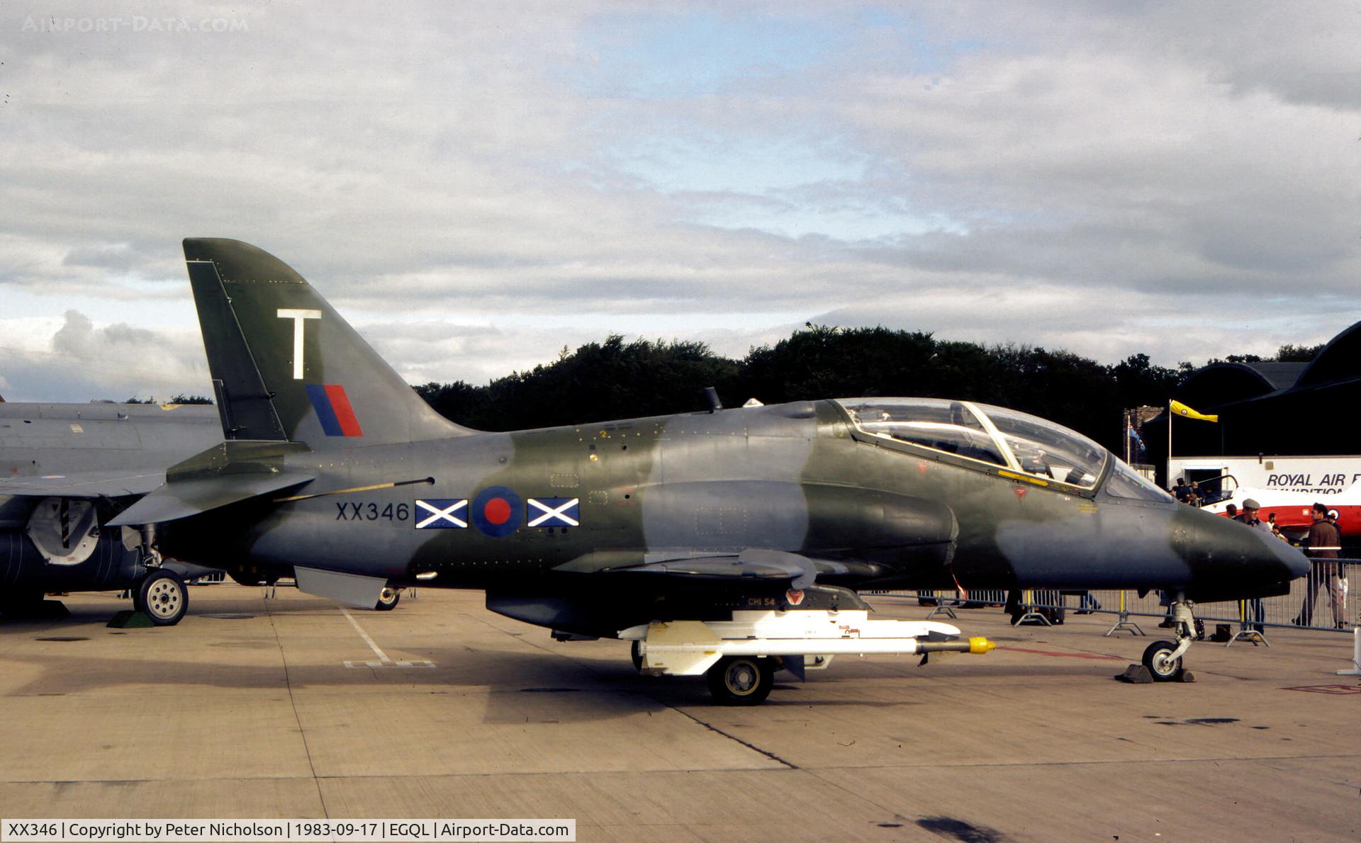 XX346, 1981 Hawker Siddeley Hawk T.1A C/N 195/312170, Hawk T.1A of 151 Squadron on display at the 1983 RAF Leuchars Airshow.