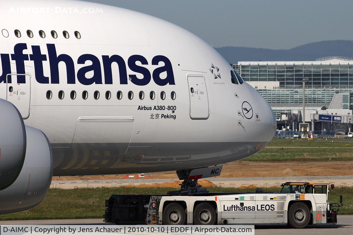 D-AIMC, 2010 Airbus A380-841 C/N 044, Being towed to the gate