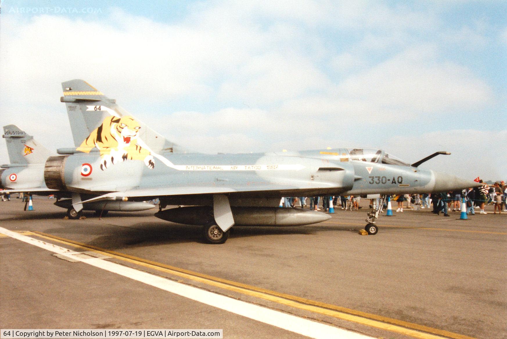 64, Dassault Mirage 2000C C/N 64, Mirage 2000C, callsign French Air Force 9128, of EC 05.330 on display at the 1997 Intnl Air Tattoo at RAF Fairford.