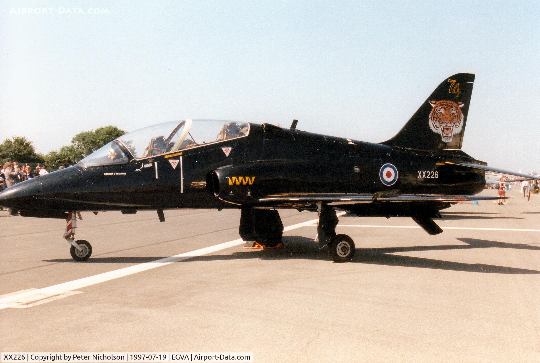 XX226, 1978 Hawker Siddeley Hawk T.1 C/N 062/312062, Hawk T.1, callsign Tiger 2, of 74[Reserve] Squadron at RAF Valley on display at the 1997 Intnl Air Tattoo at RAF Fairford.